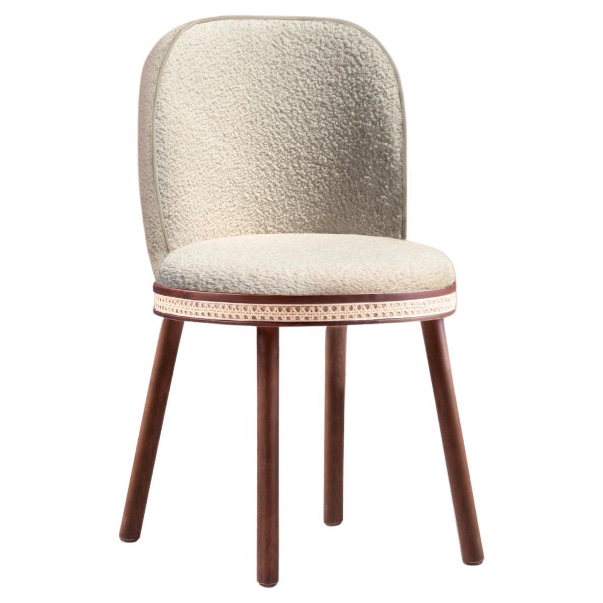 Mid-Century Modern Dinning Chair Alma with Soft Boucle Wool, Walnut and Brass