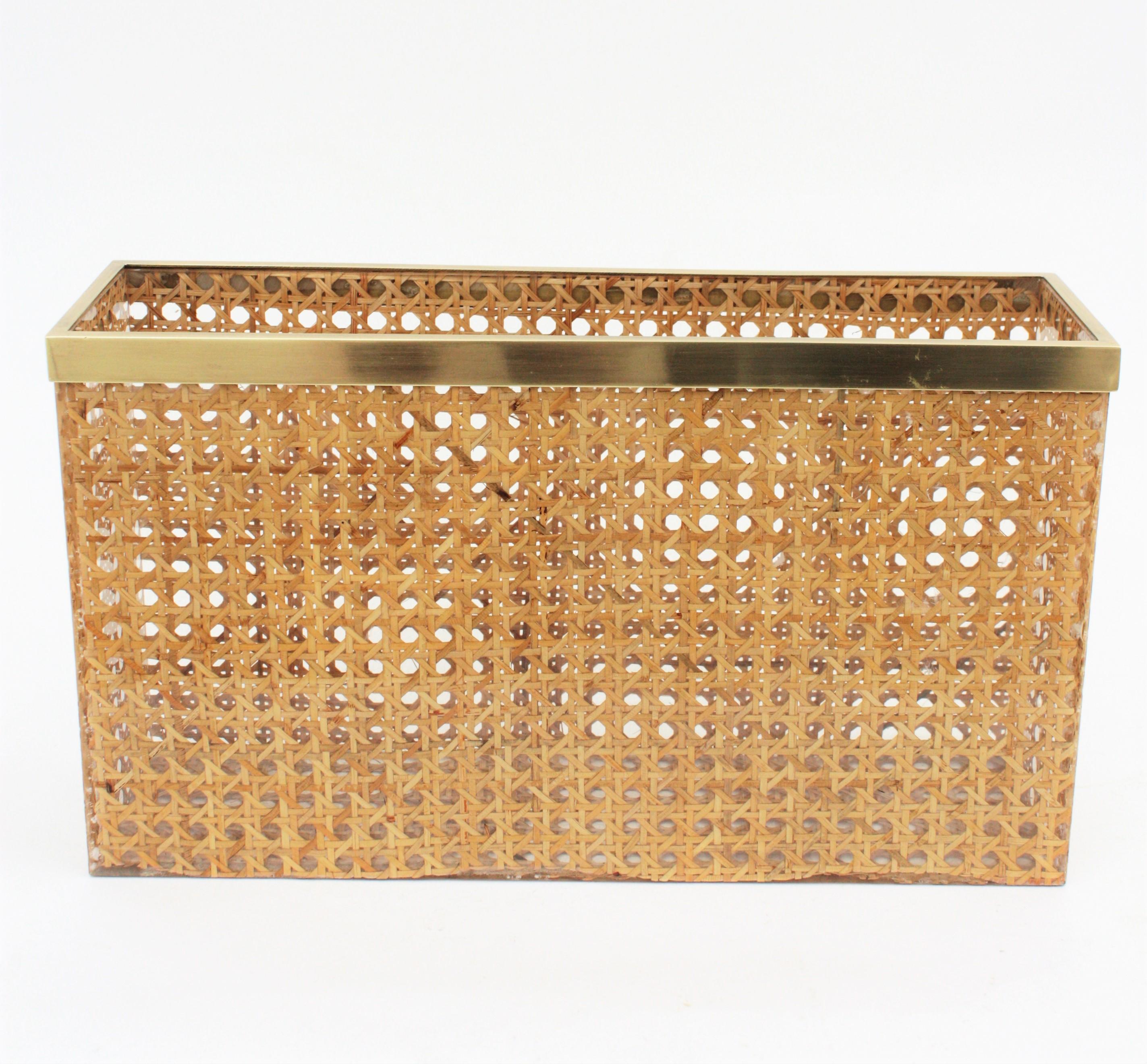 French Mid-Century Modern Dior Crespi Style Lucite Wicker and Brass Magazine Rack