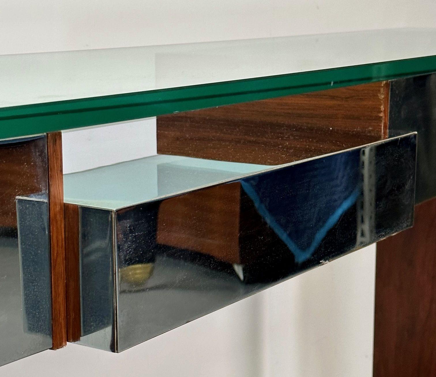 Mid-Century Modern Directional Chrome and Rosewood Console Table, Glass 1