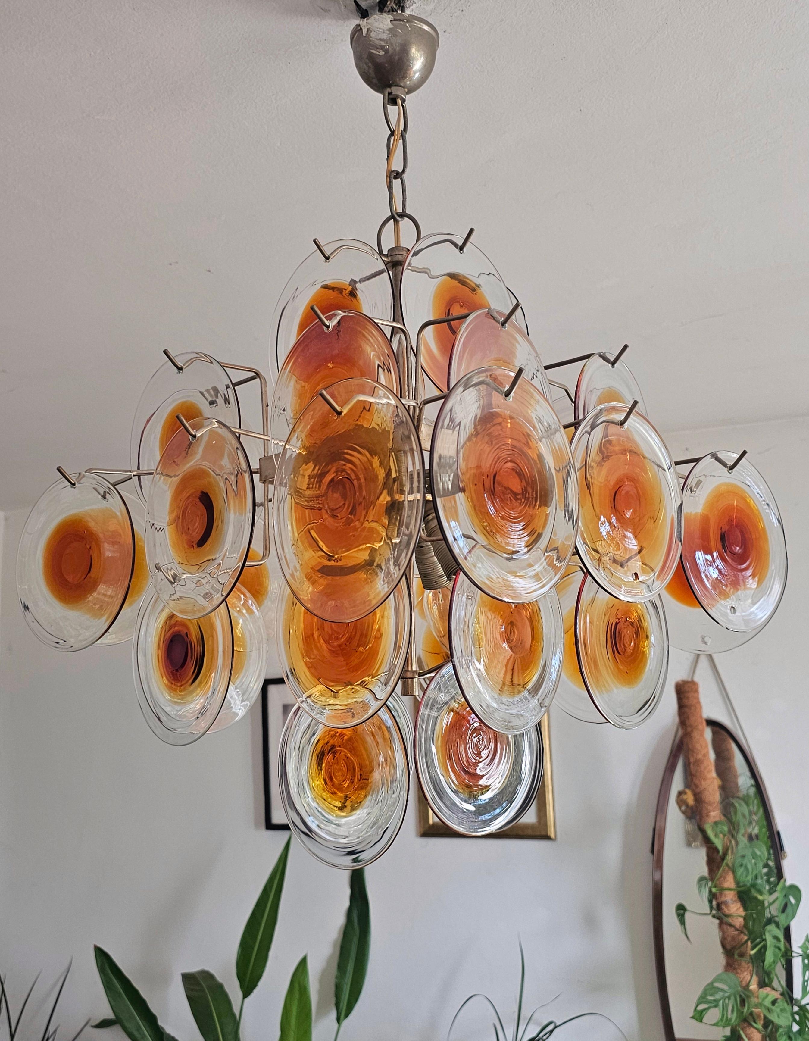 Mid-Century Modern Mid Century Modern Disc Chandelier by Gino Vistosi in amber and clear glass For Sale