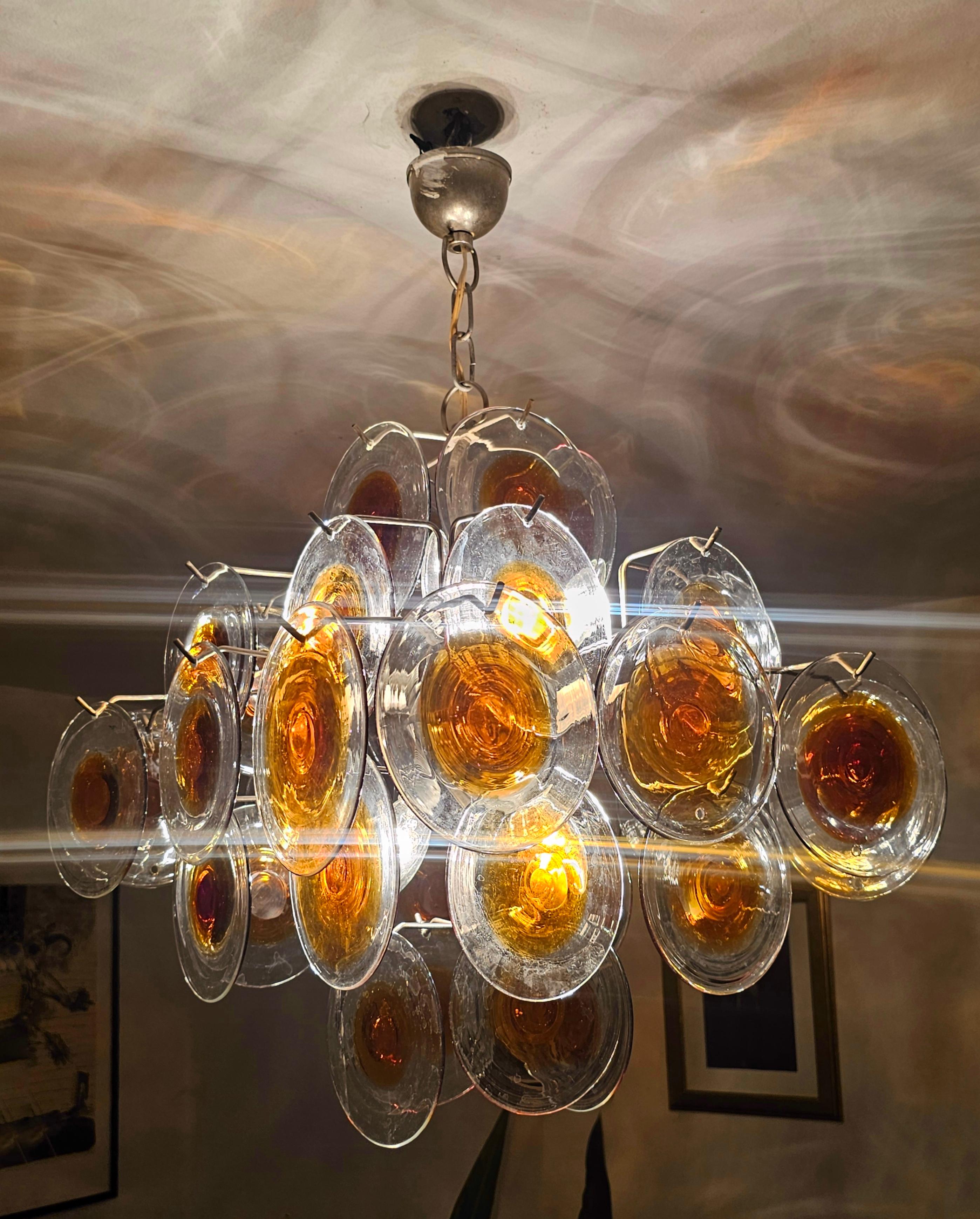 Italian Mid Century Modern Disc Chandelier by Gino Vistosi in amber and clear glass For Sale