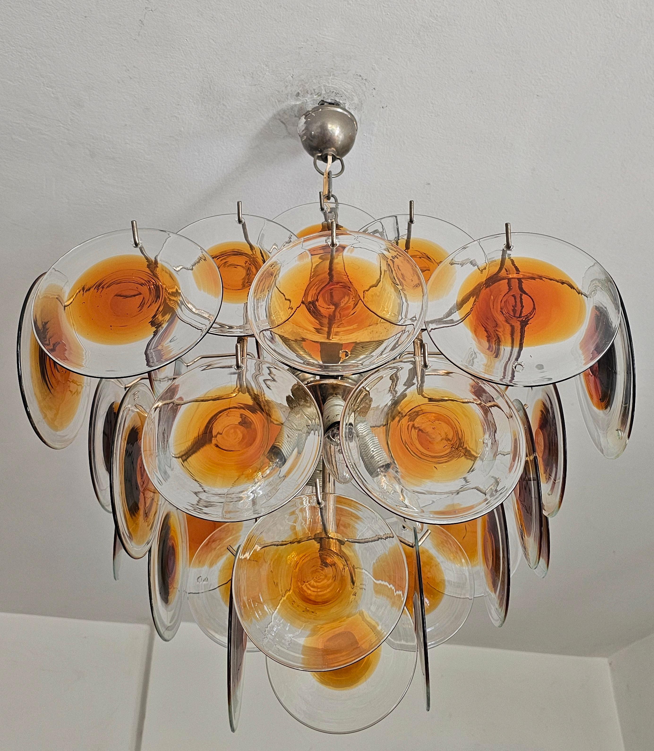 Mid Century Modern Disc Chandelier by Gino Vistosi in amber and clear glass In Good Condition For Sale In Beograd, RS