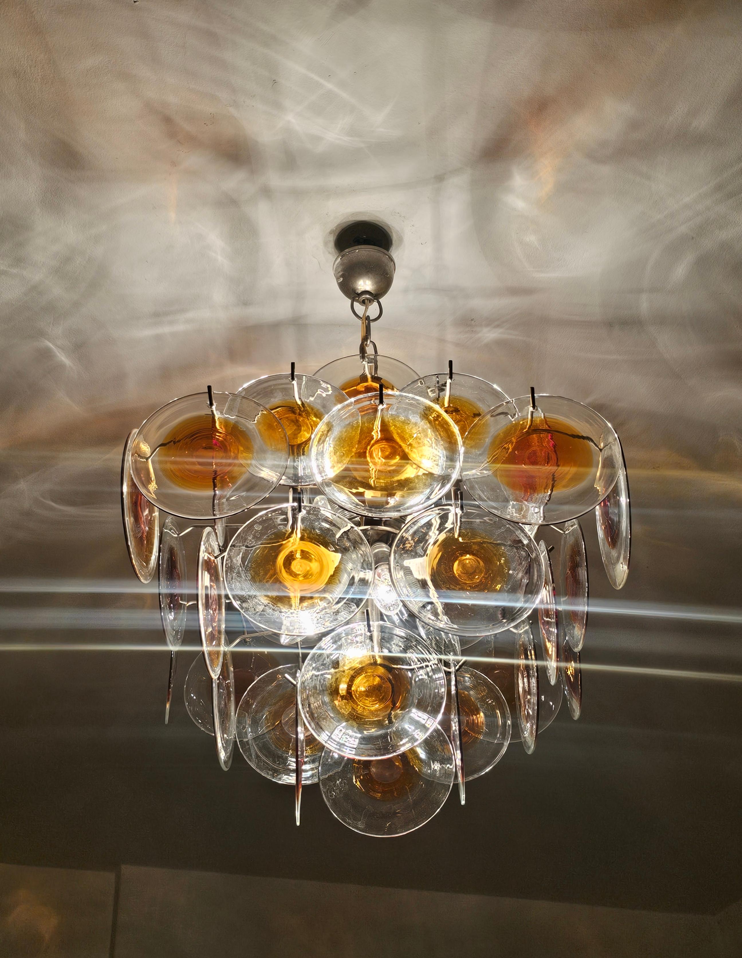 Mid-20th Century Mid Century Modern Disc Chandelier by Gino Vistosi in amber and clear glass For Sale
