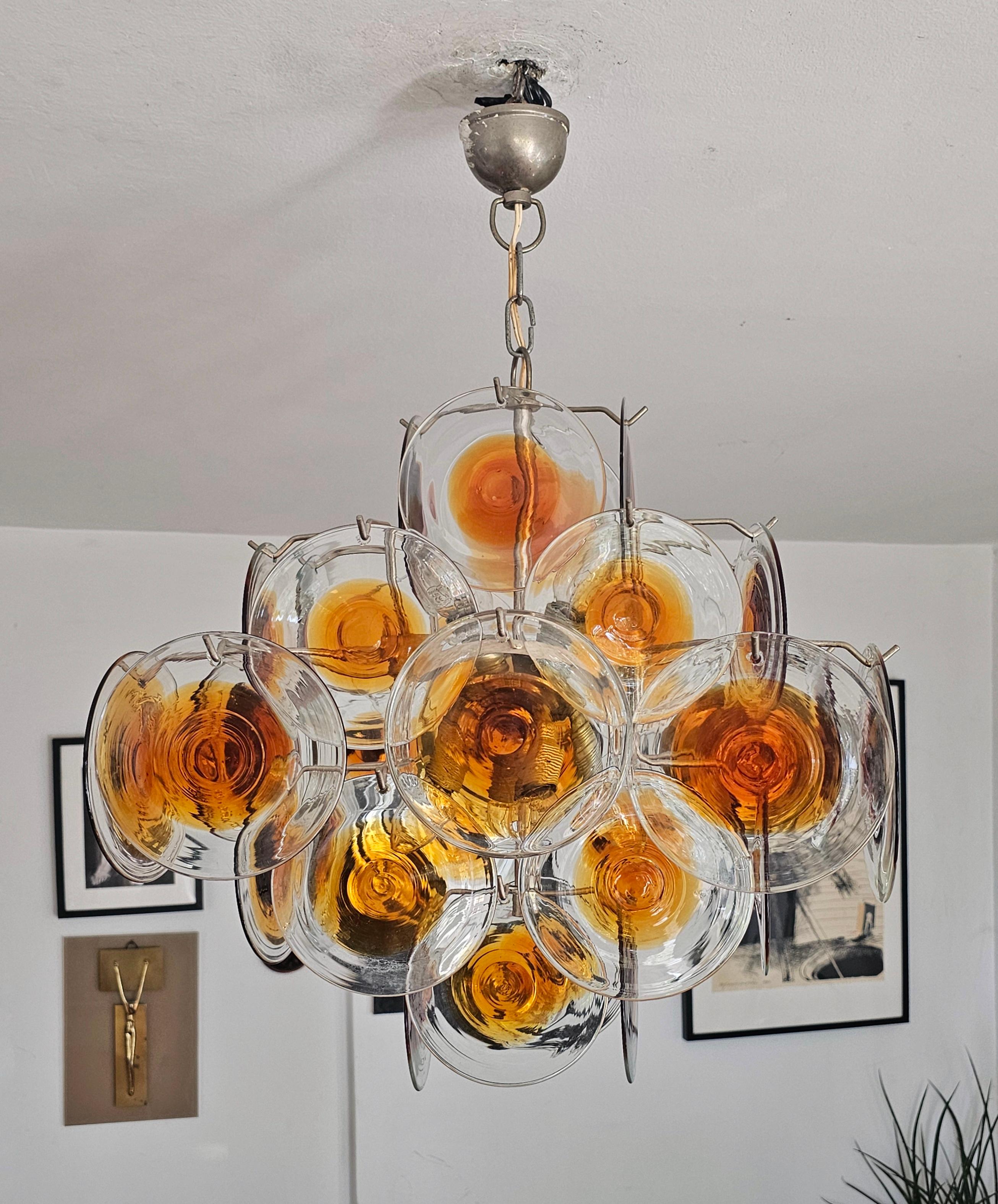 Metal Mid Century Modern Disc Chandelier by Gino Vistosi in amber and clear glass For Sale