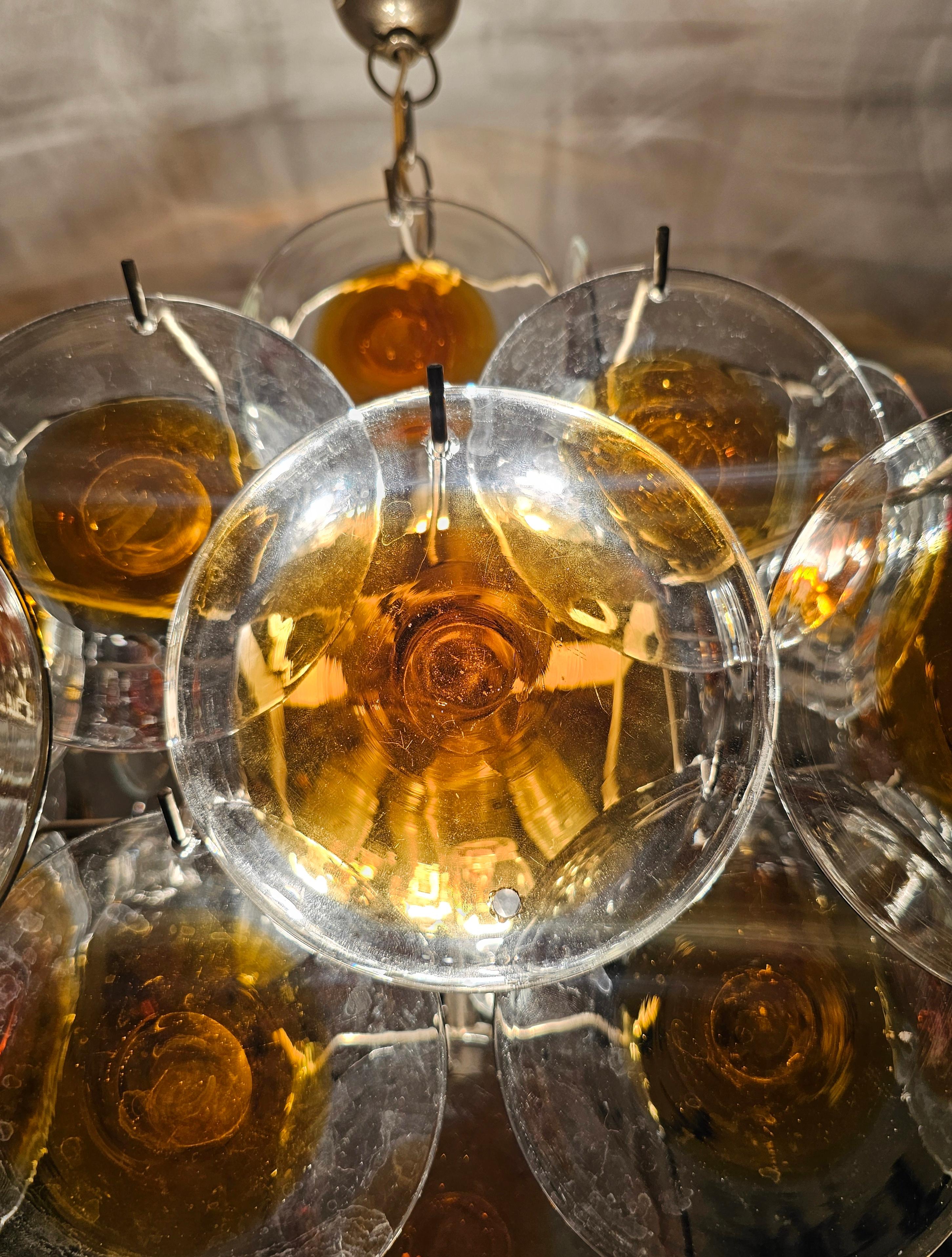 Mid Century Modern Disc Chandelier by Gino Vistosi in amber and clear glass For Sale 2