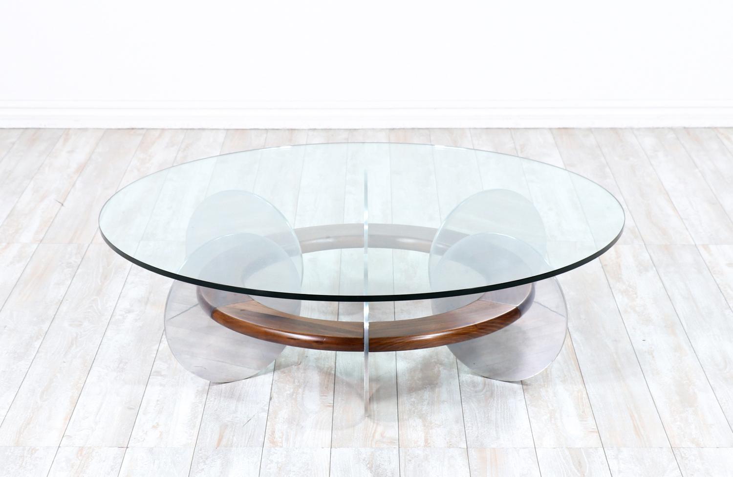 Mid-Century Modern disc style aluminum & walnut coffee table.