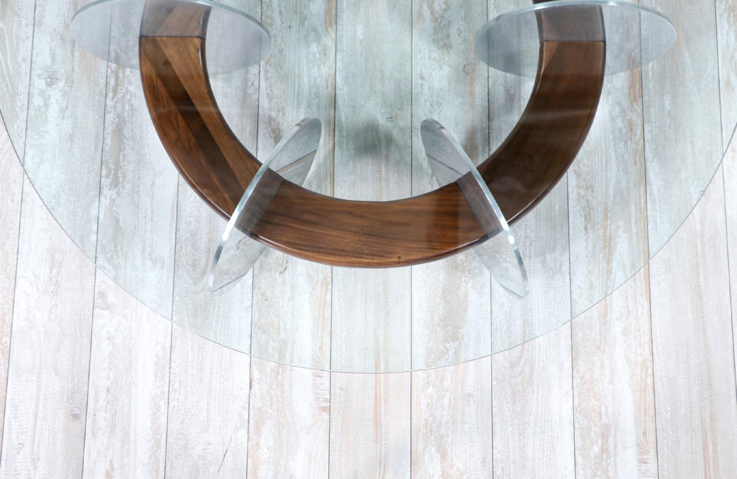 Glass Mid-Century Modern Disc Style Aluminum & Walnut Coffee Table