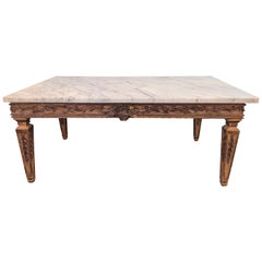 Mid-Century Modern Distressed Carved Coffee or Low Table with a White Marble Top