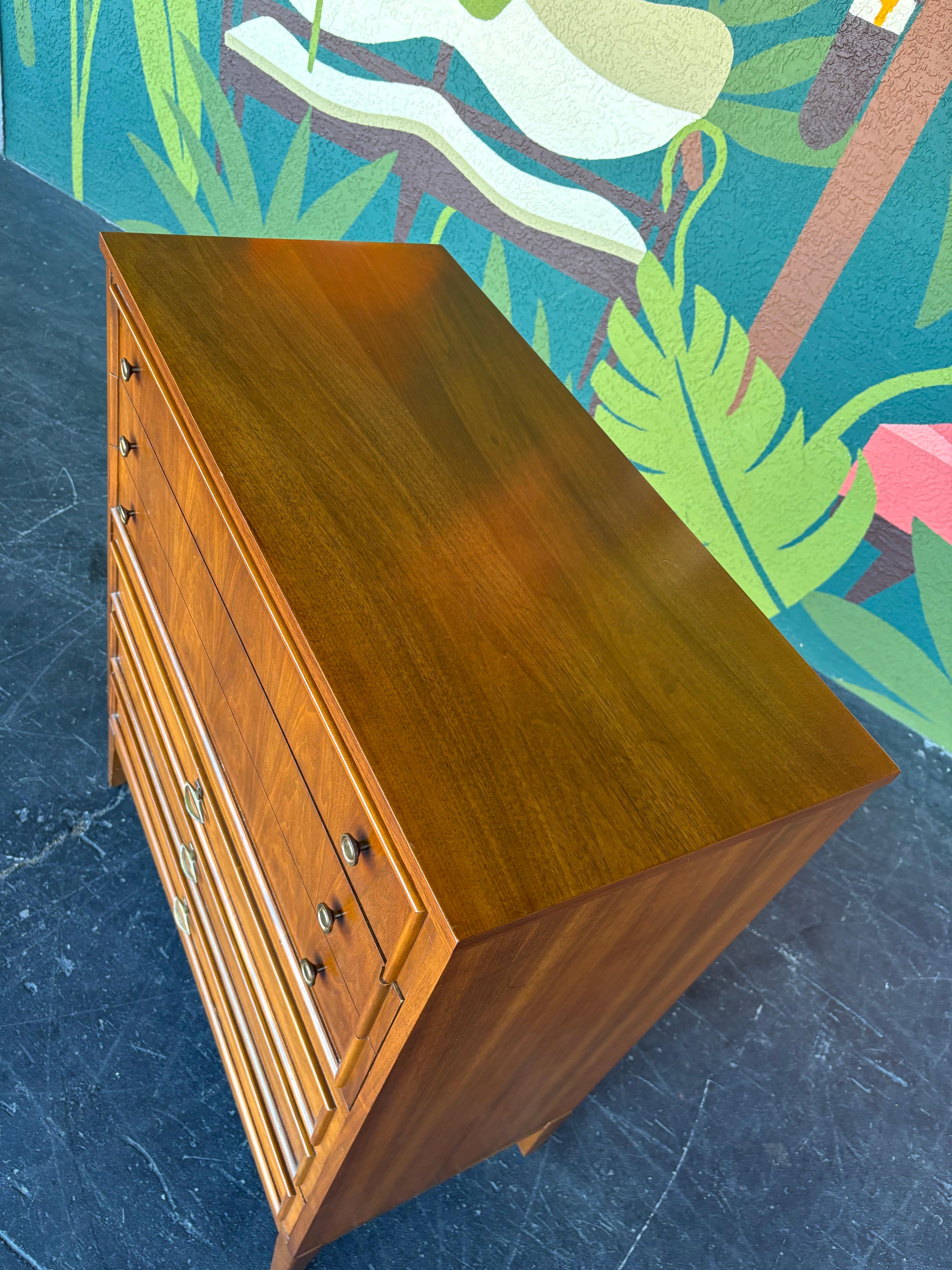 Brass Mid Century Modern Dixie Walnut Tallboy Dresser