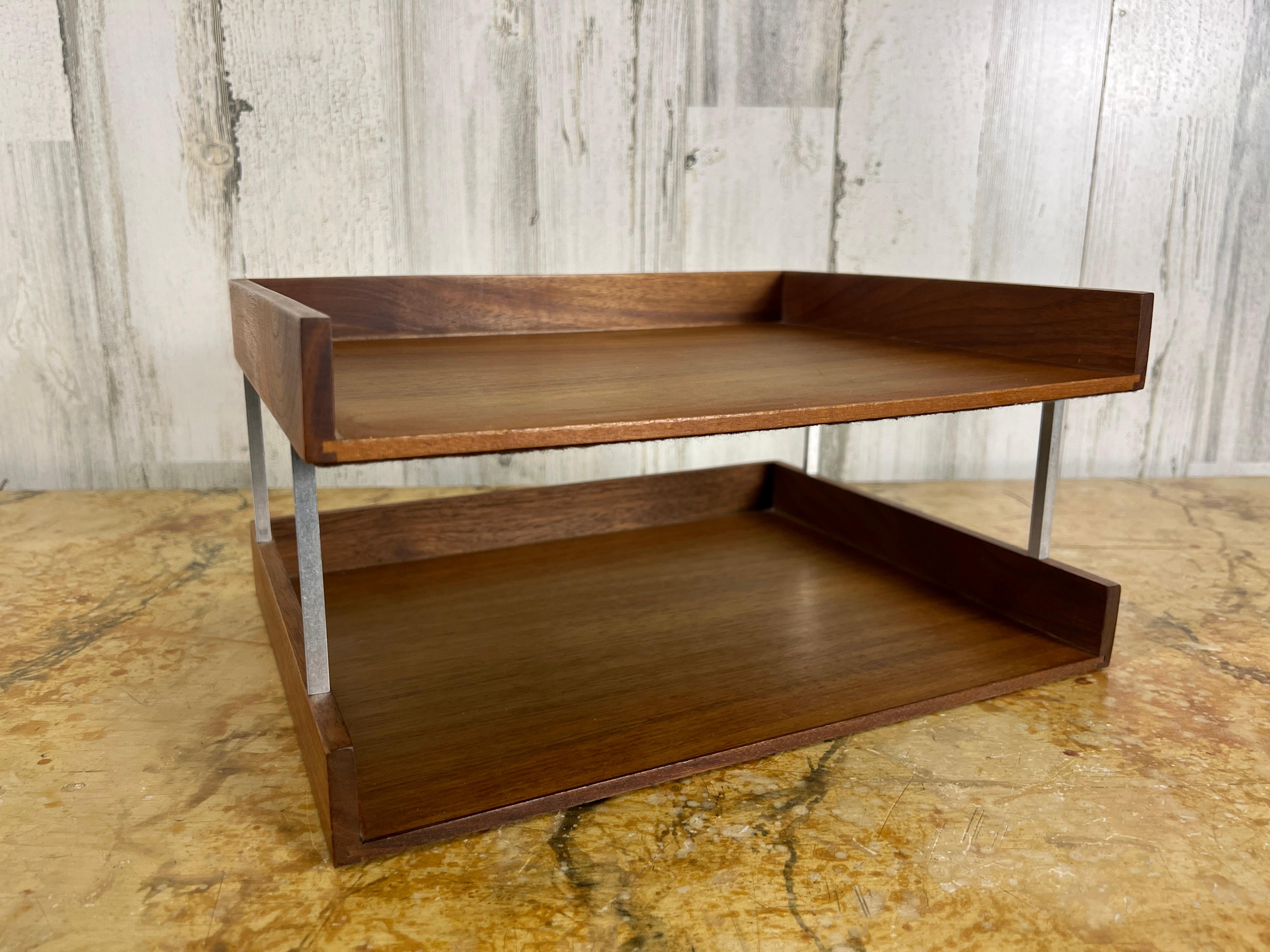 mid-century modern desk top document file classic walnut with stainless steel squared post that support the upper level. 