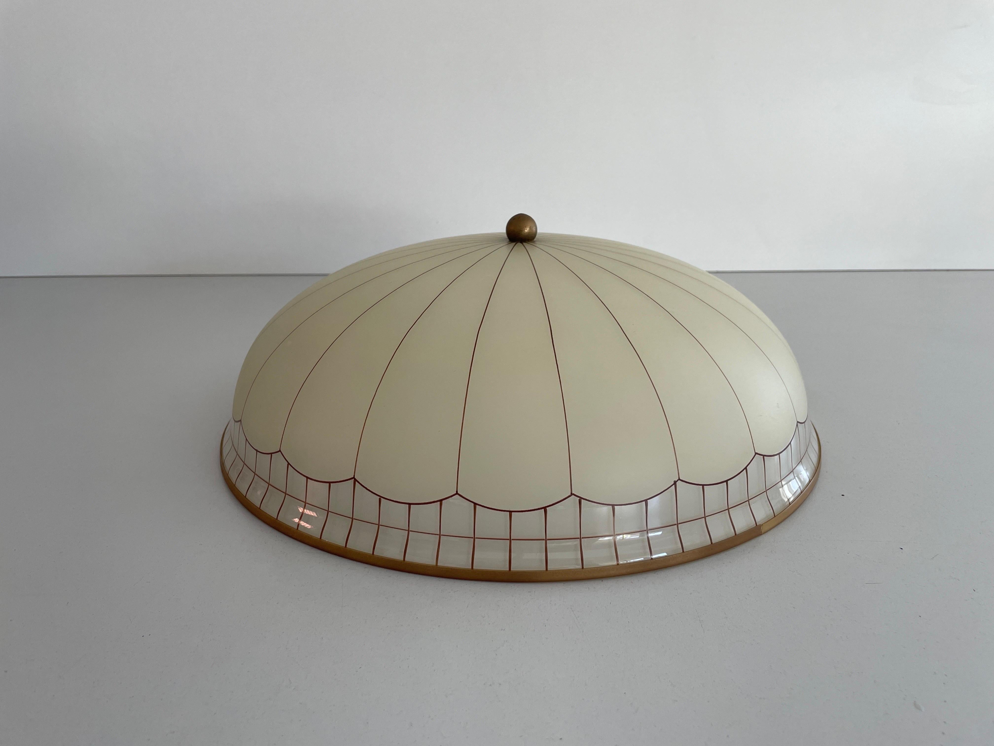 Mid-century Modern Dome-shaped Glass Flush Mount Light by Doria, 1960s, Germany

This lamp works with 3x E27 light bulb. Max 100W
Wired and suitable to use with 220V and 110V for all countries.

Measurements: 
Diameter: 38 cm
Height: 14 cm
Base