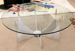 Mid-Century Modern Donald Drumm Glass Brushed Aluminum Round Coffee Table, 1970s