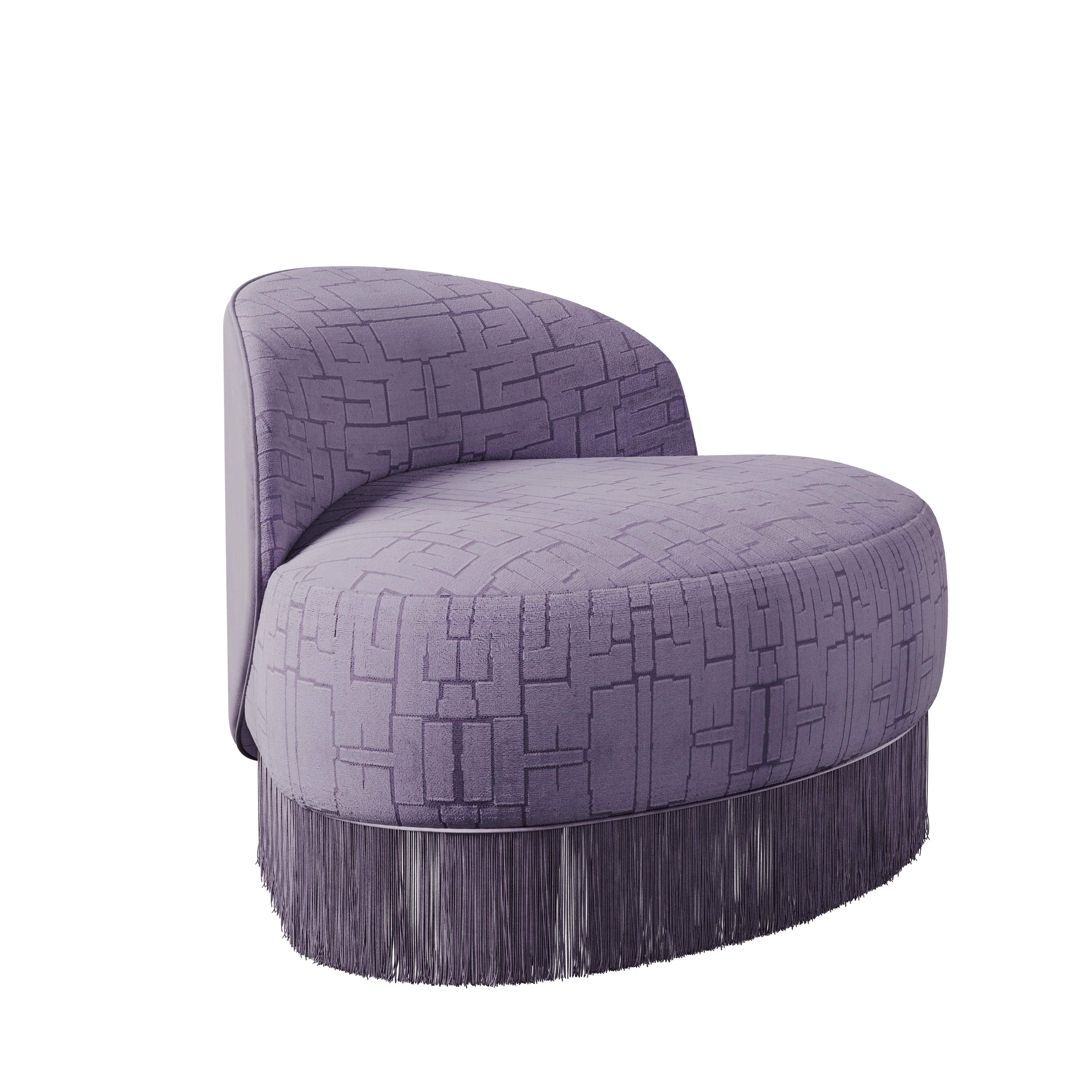 Portugais Fauteuil Doris moderne du milieu du siècle Jacquard Velvet Tricotine Fringes en vente