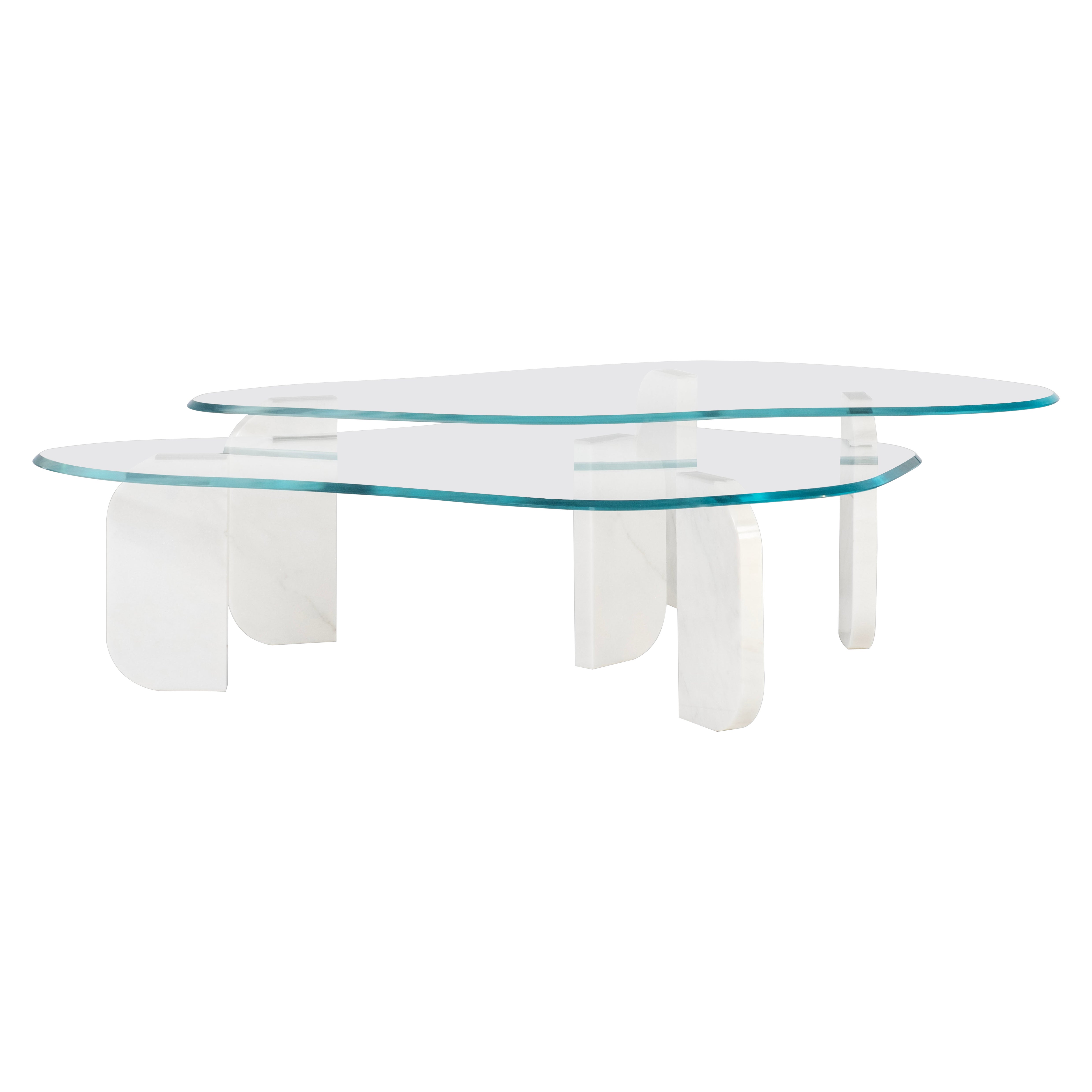 Mid-Century Modern Dornes Nesting Coffee Table Set/2, Glass, Marble, Greenapple