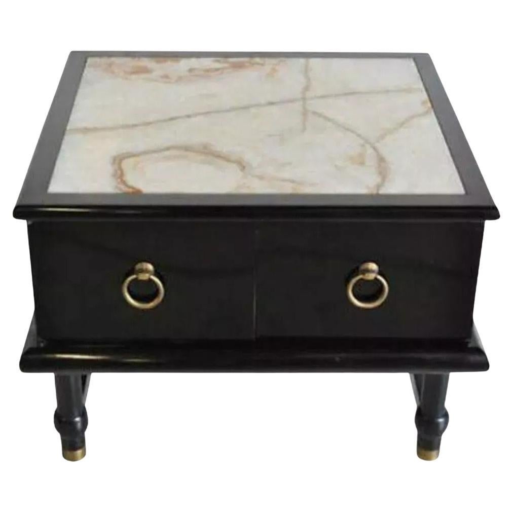 Mid Century Modern Dorothy Draper Style Black Side Table Cabinet with Onyx Top