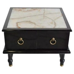 Vintage Mid Century Modern Dorothy Draper Style Black Side Table Cabinet with Onyx Top