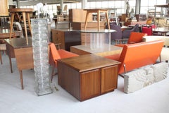 Mid Century Modern Double Door Cabinet Cube Shape Walnut End Side Lamp Table