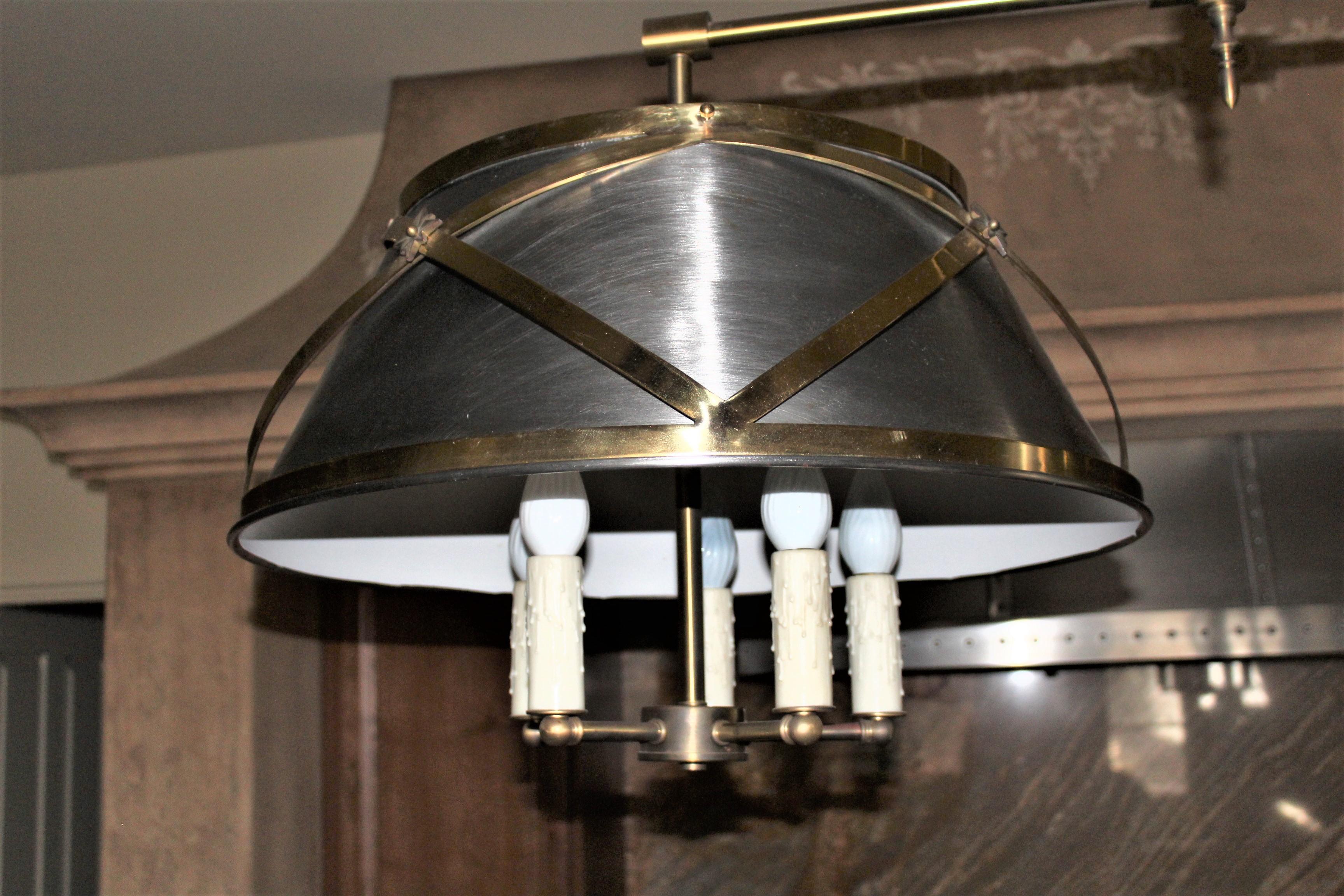Custom designed for a lighting showroom in LA, double shades hanging from all brass frame. Solid brass X-cross banding. With 5 light cluster bodies. Total 10 lights. Good size for a kitchen counter at 56