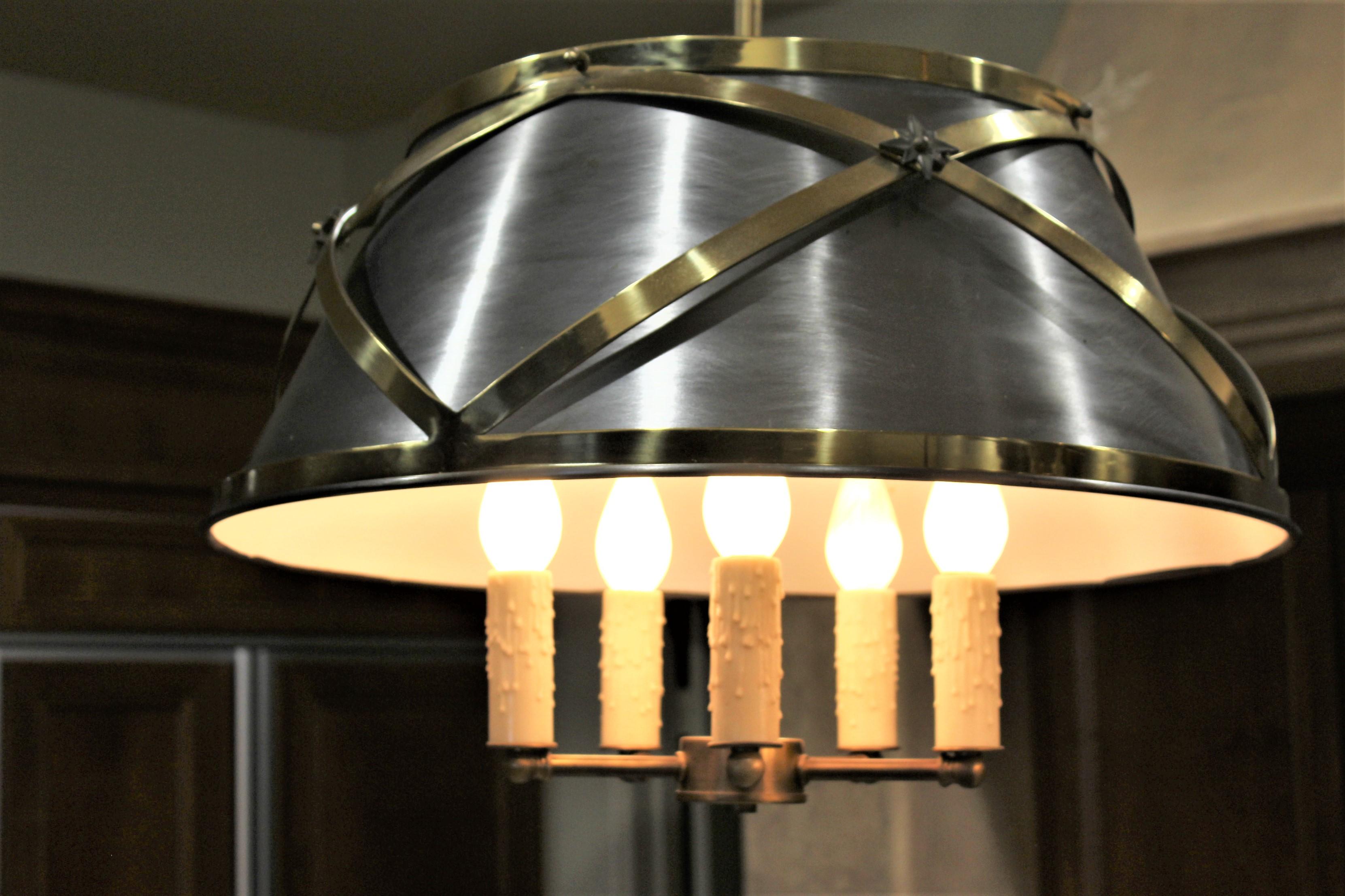 French Provincial Mid-Century Modern Double Shade Chandelier, Brass and Steel For Sale