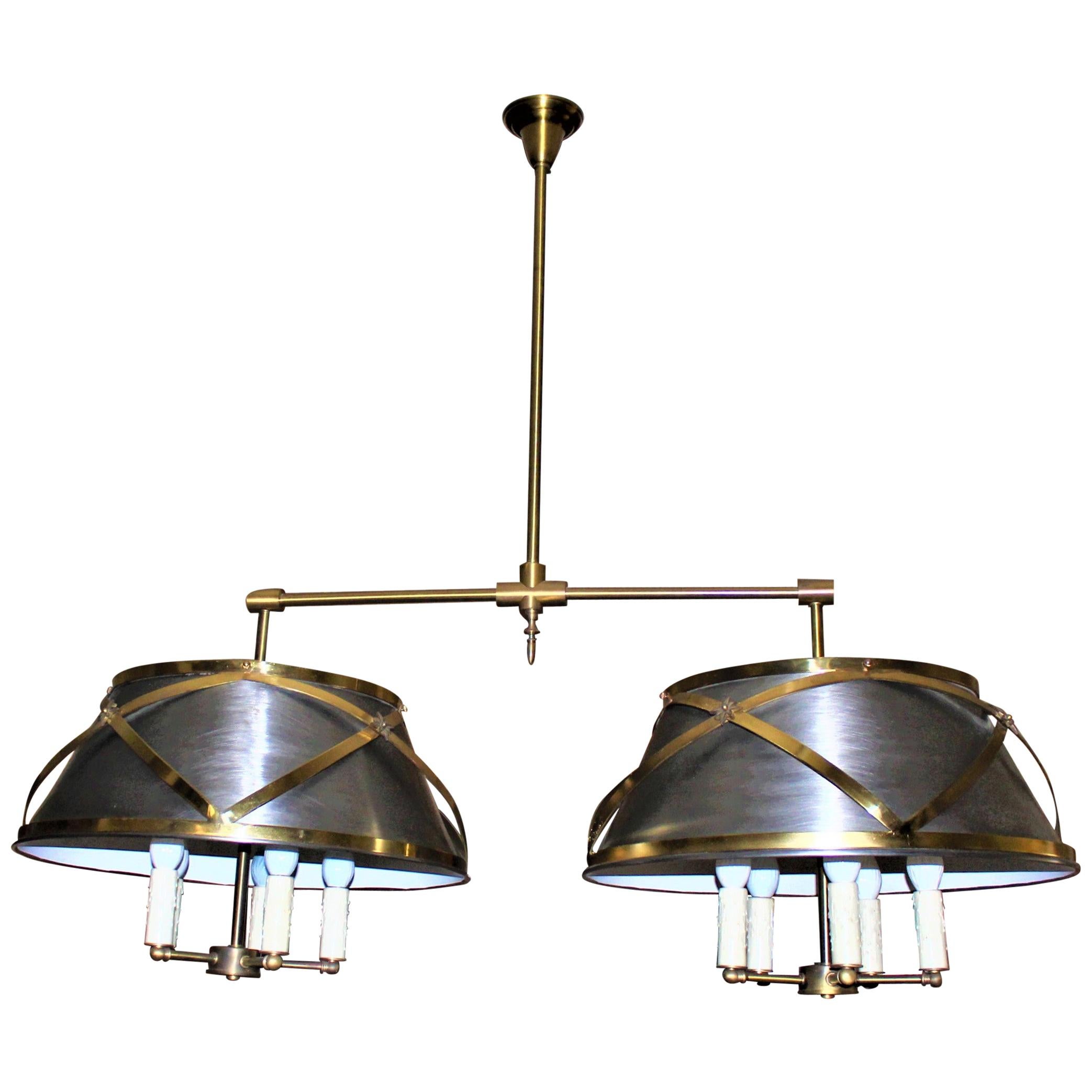 Mid-Century Modern Double Shade Chandelier, Brass and Steel For Sale