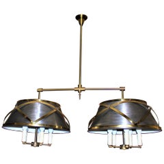 Mid-Century Modern Double Shade Chandelier, Brass and Steel