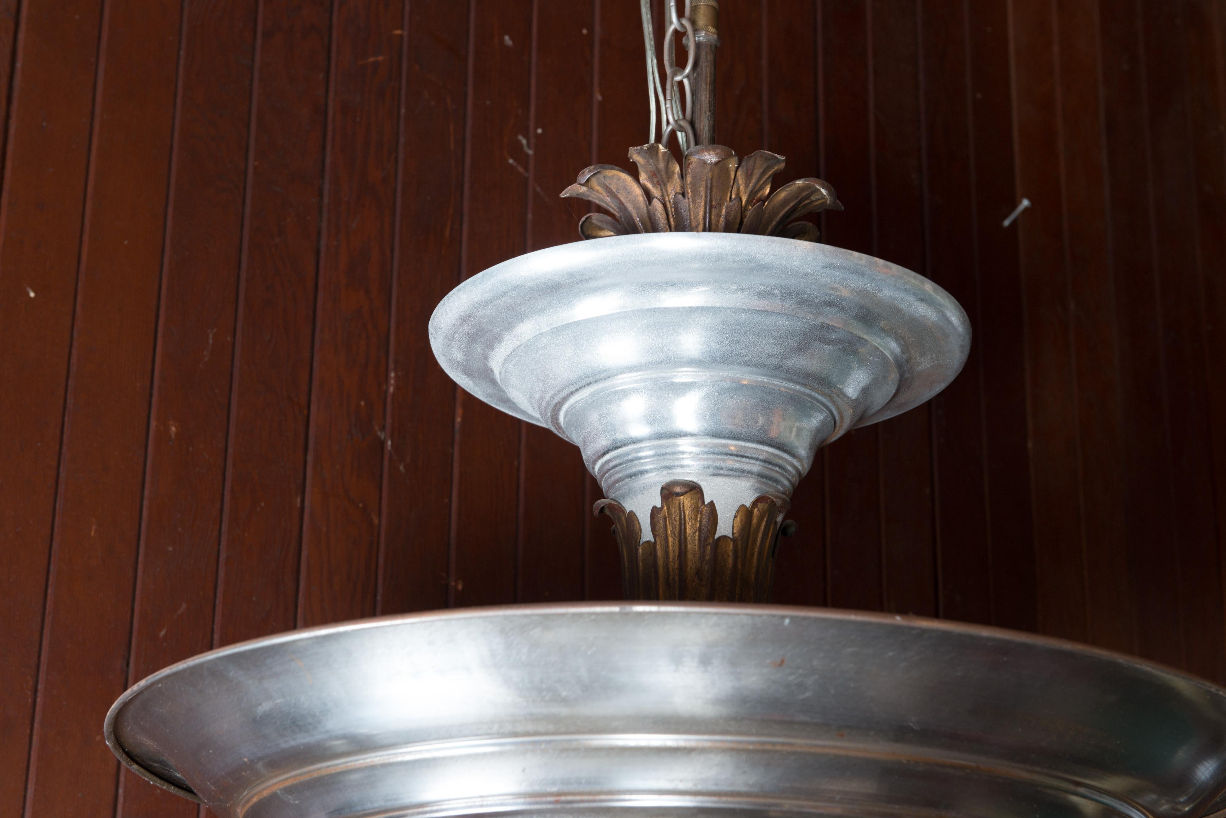 Mid-Century Modern Double Silver Metal Saucer Pendant Chandelier For Sale 3