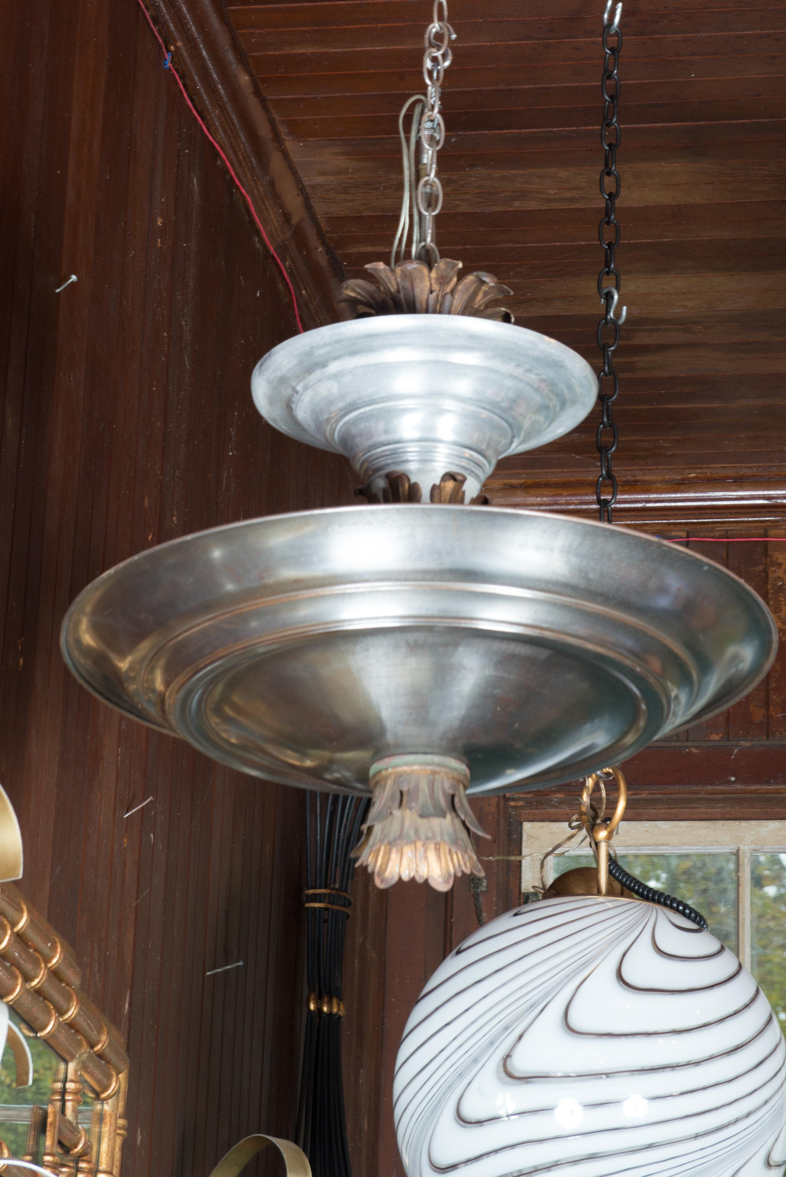 Mid-Century Modern Double Silver Metal Saucer Pendant Chandelier For Sale 5