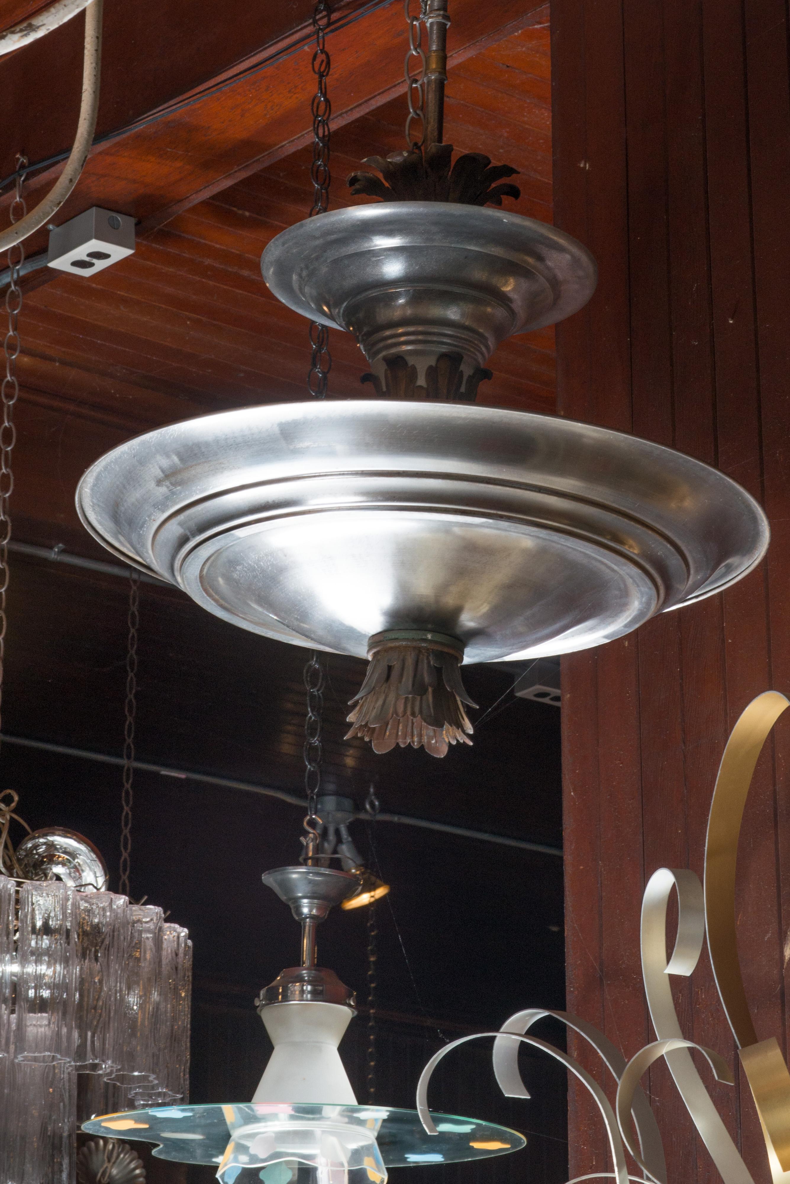 American Mid-Century Modern Double Silver Metal Saucer Pendant Chandelier For Sale