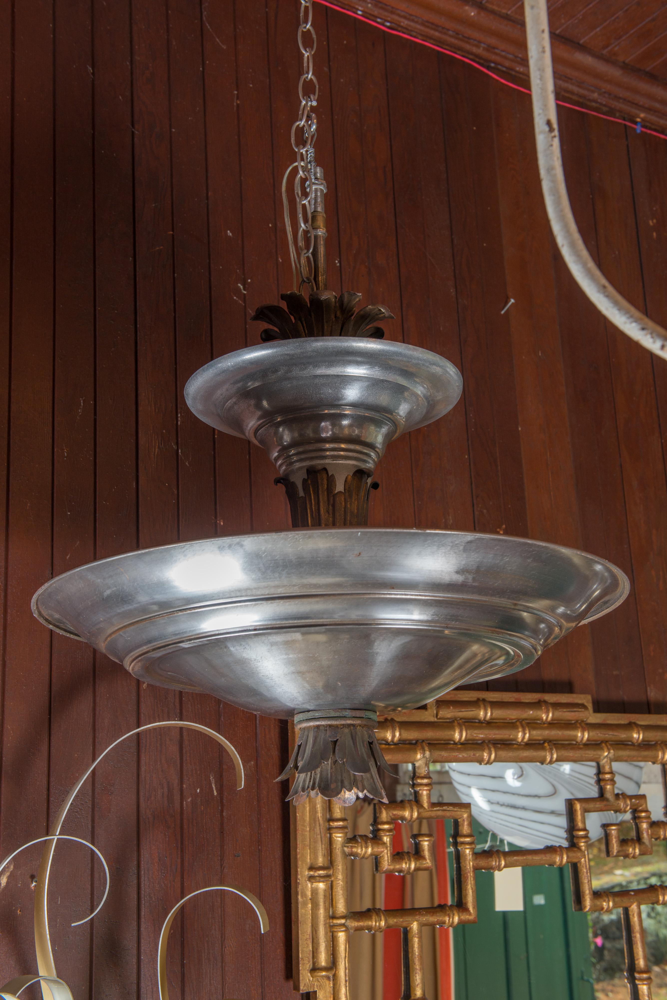 Mid-Century Modern Double Silver Metal Saucer Pendant Chandelier In Good Condition For Sale In Stamford, CT