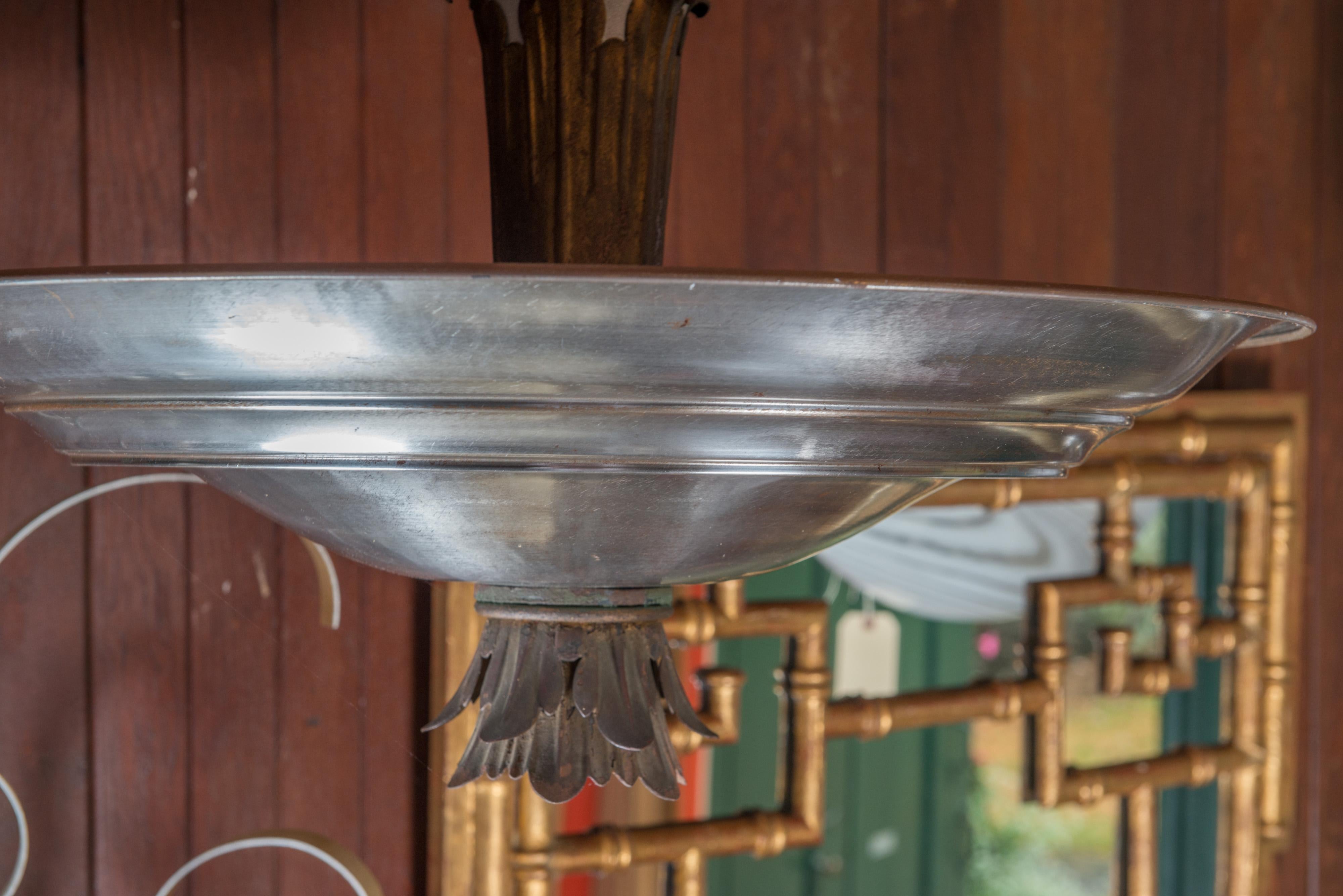 Mid-Century Modern Double Silver Metal Saucer Pendant Chandelier For Sale 1