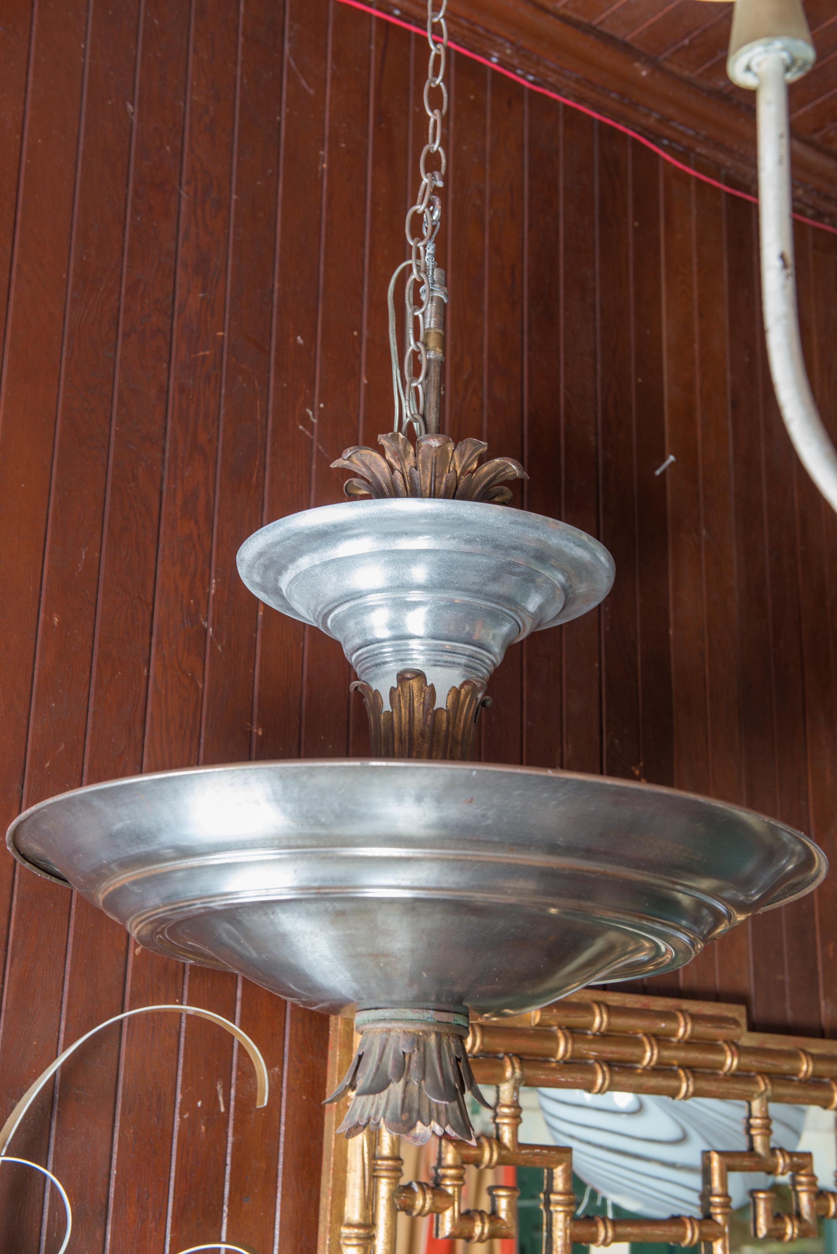 Mid-Century Modern Double Silver Metal Saucer Pendant Chandelier For Sale 2