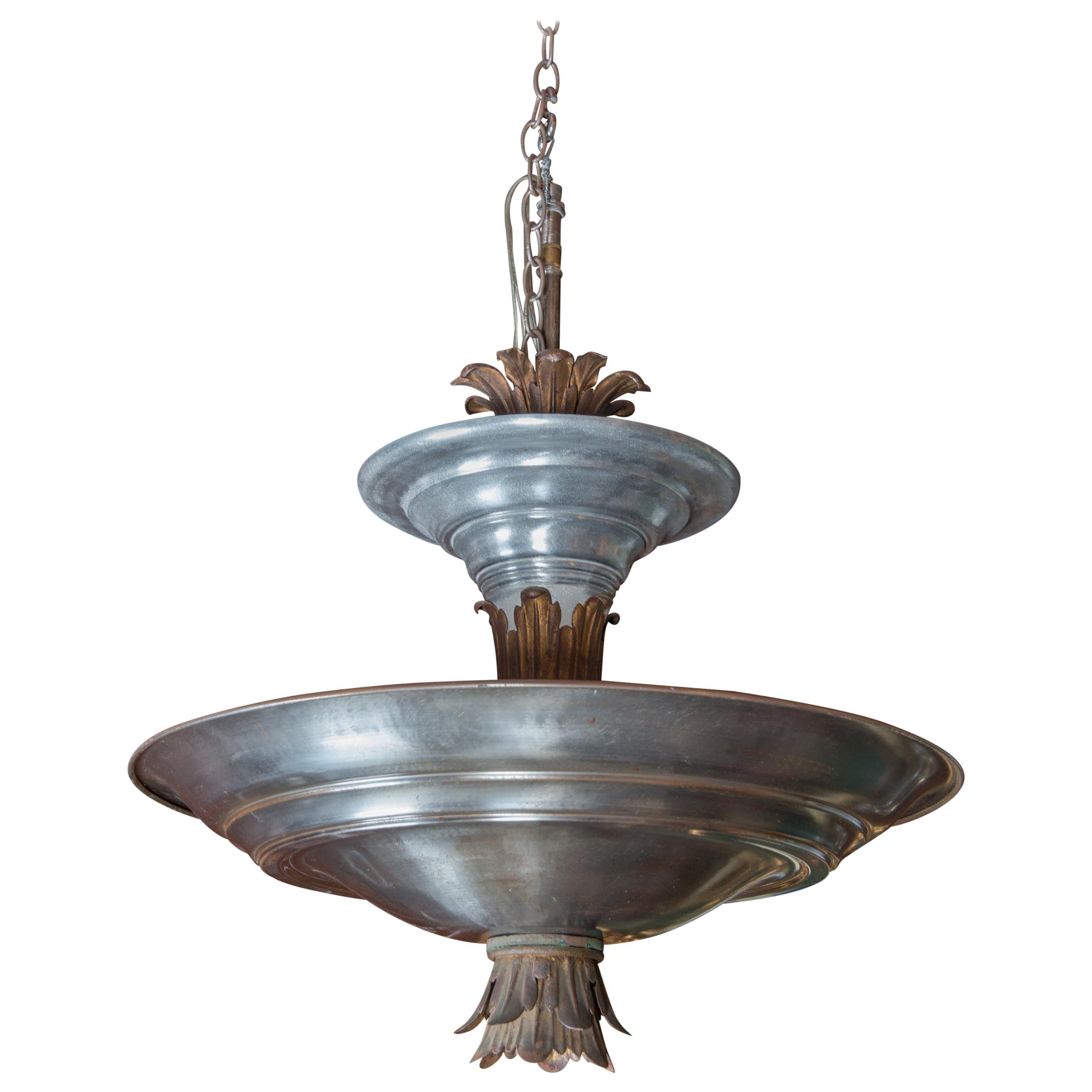 Mid-Century Modern Double Silver Metal Saucer Pendant Chandelier For Sale
