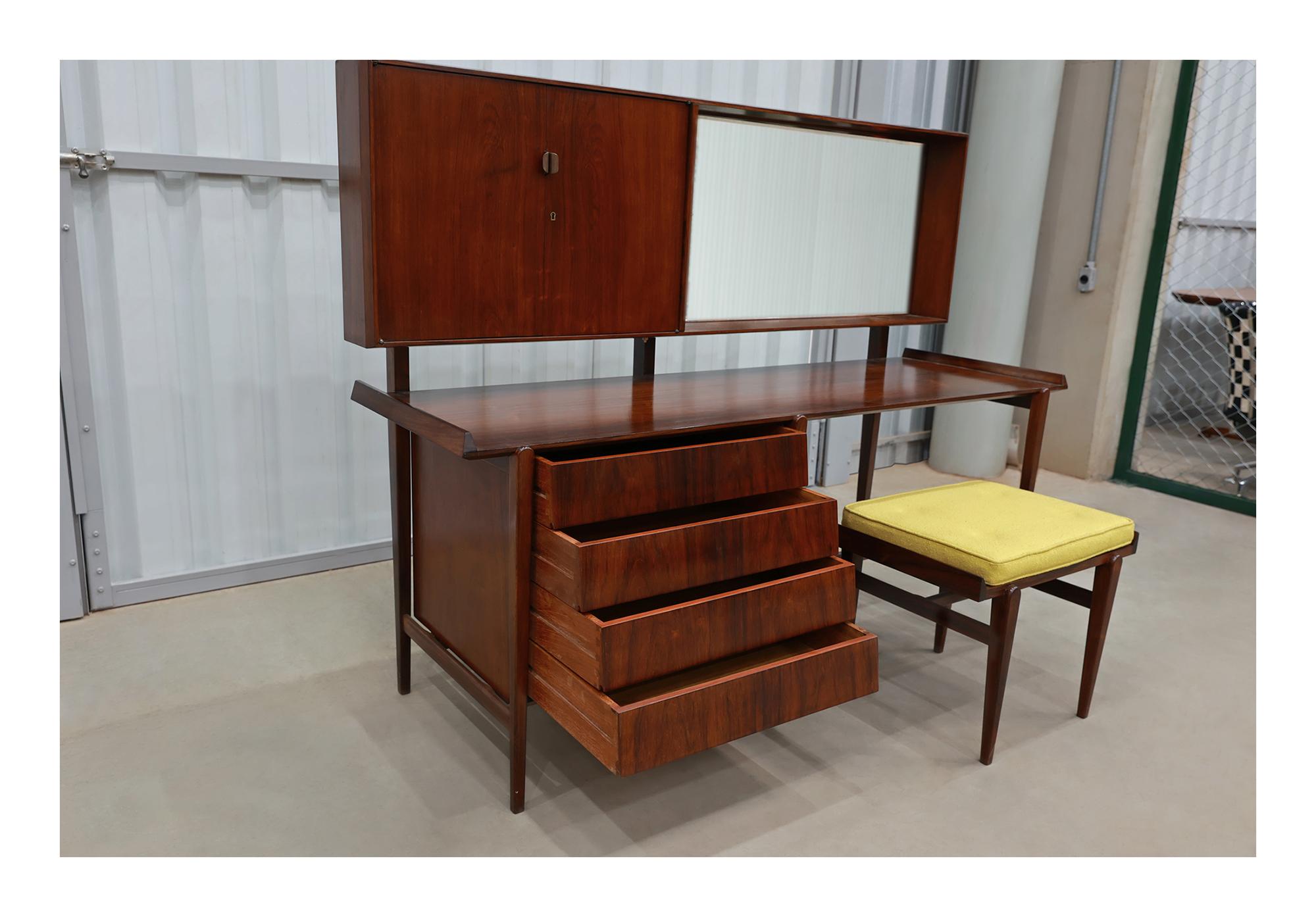 Brazilian Mid-Century Modern Dresser and Stool in Hardwood, by Carlo Hauner, Brazil For Sale