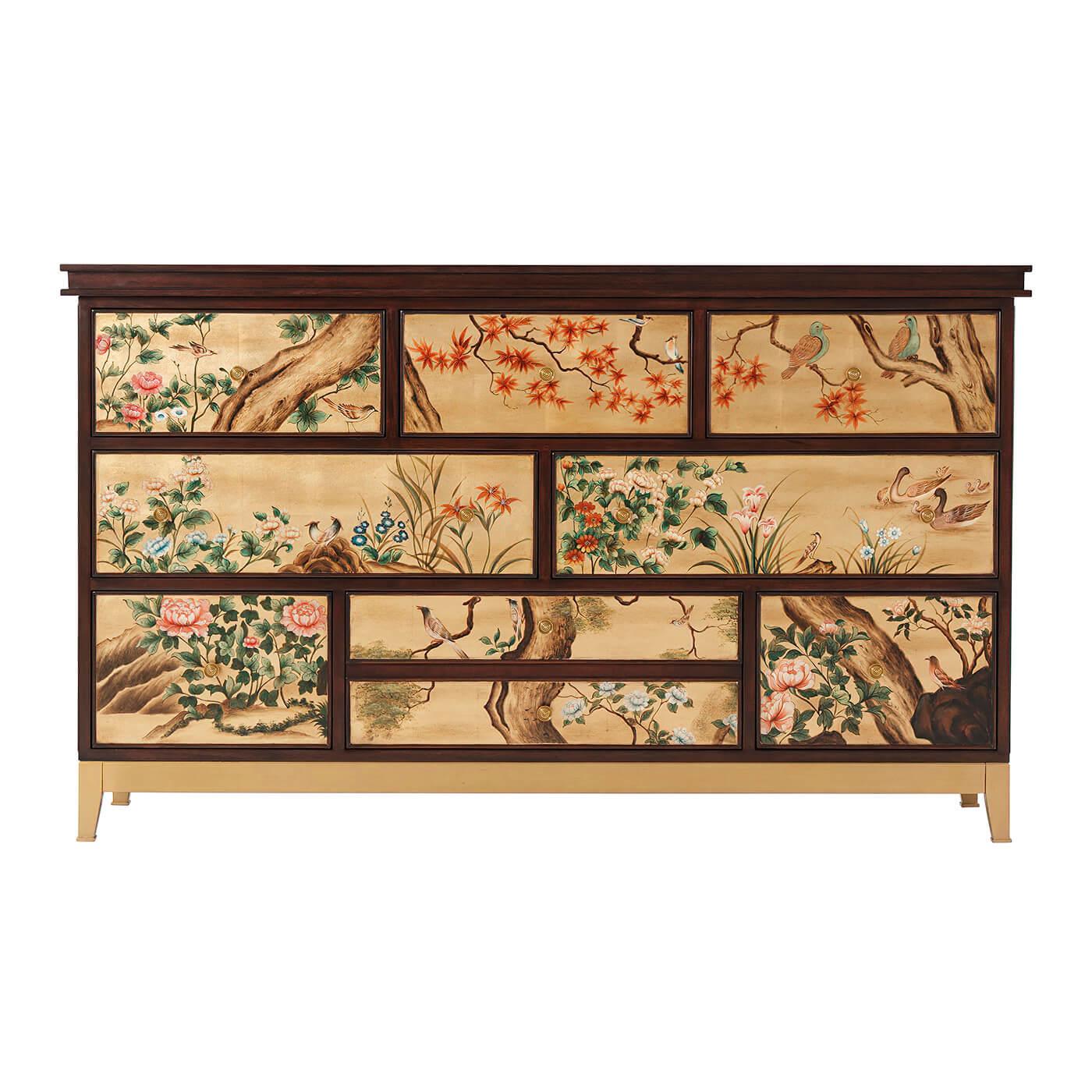 A Mid-Century Modern style dresser with inspiration from 18th century chinoiserie decorated European furniture. The dresser with a figured mahogany rectangular top and case with eight hand painted gilt and chinoiserie decorated drawers on tapered