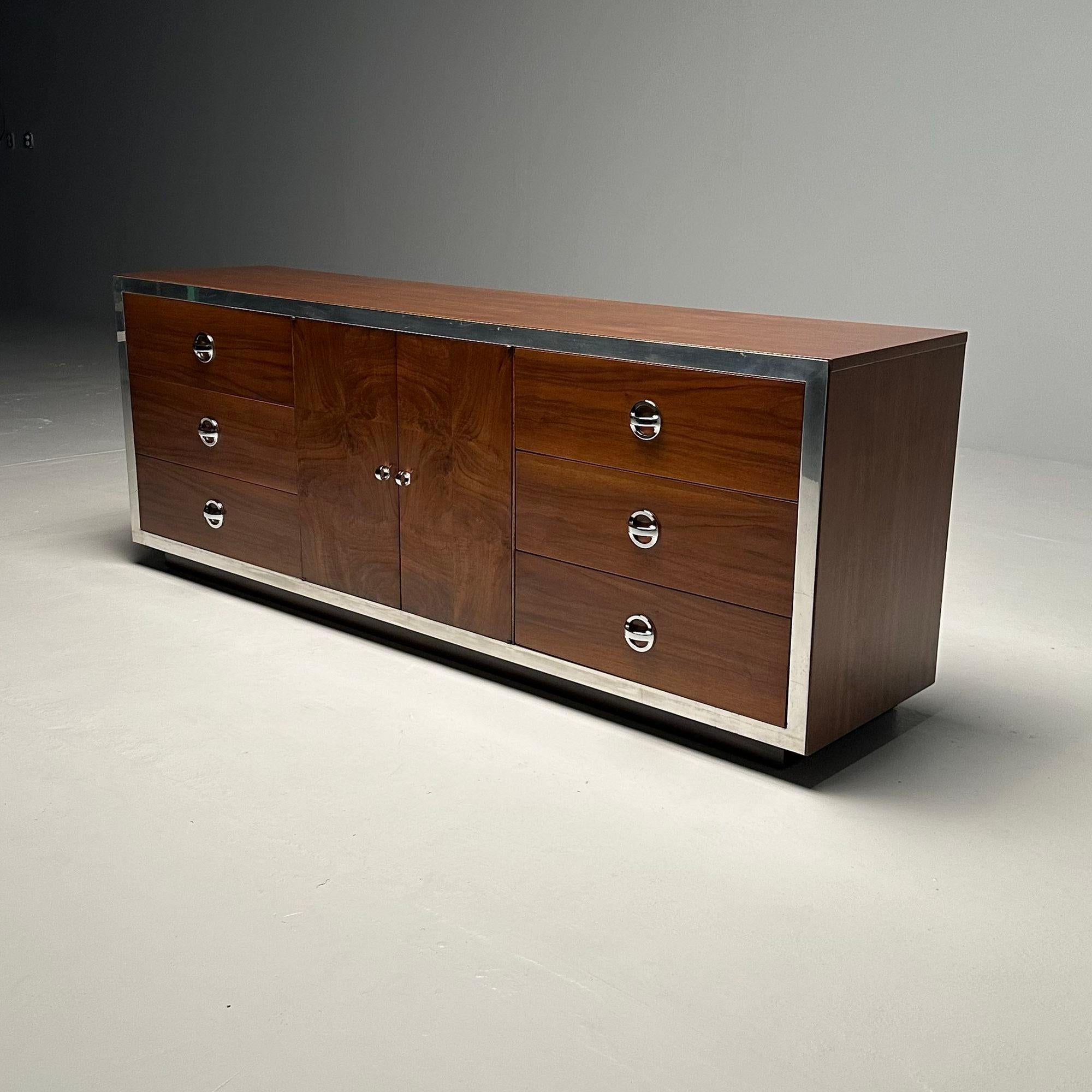 American Mid-Century Modern Dresser / Sideboard, Milo Baughman Style, Chrome, Walnut For Sale