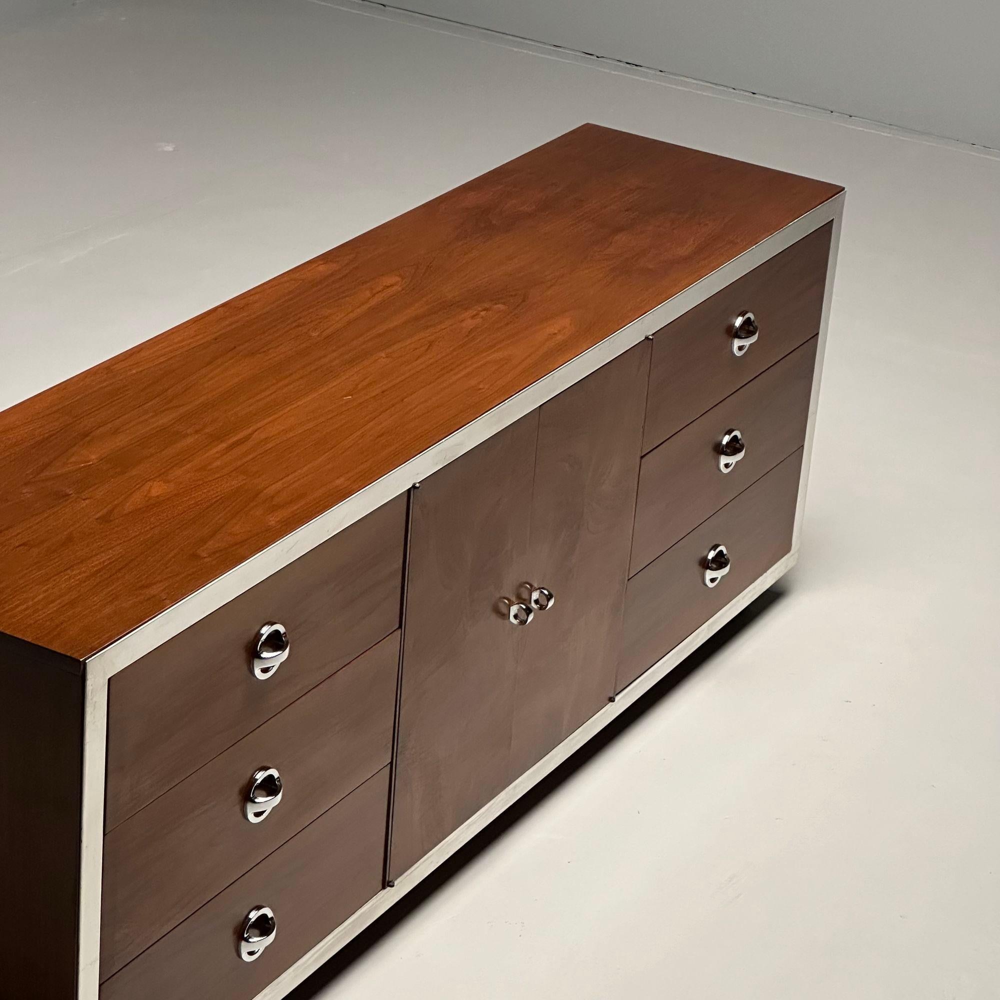 Mid-20th Century Mid-Century Modern Dresser / Sideboard, Milo Baughman Style, Chrome, Walnut For Sale