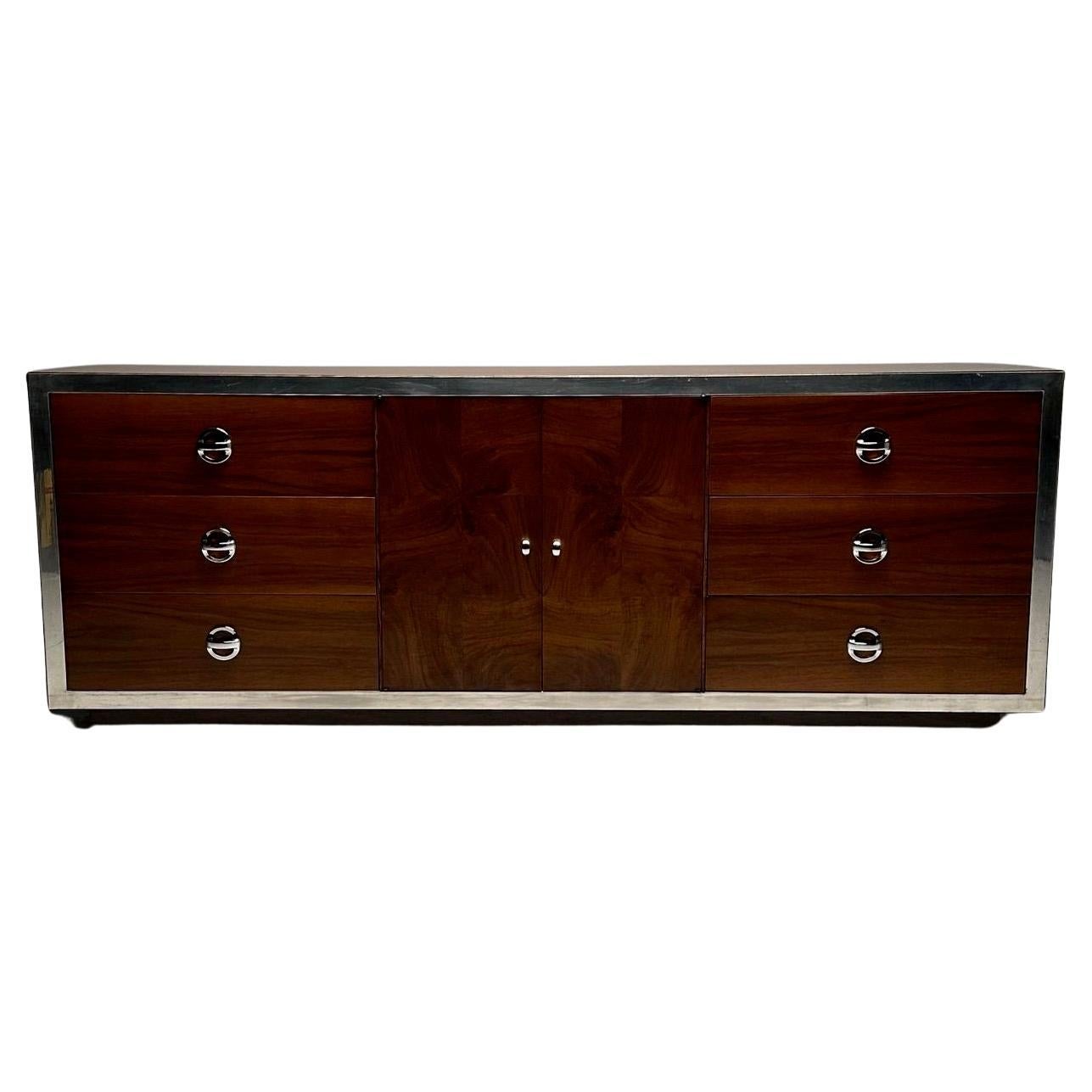 Mid-Century Modern Dresser / Sideboard, Milo Baughman Style, Chrome, Walnut For Sale