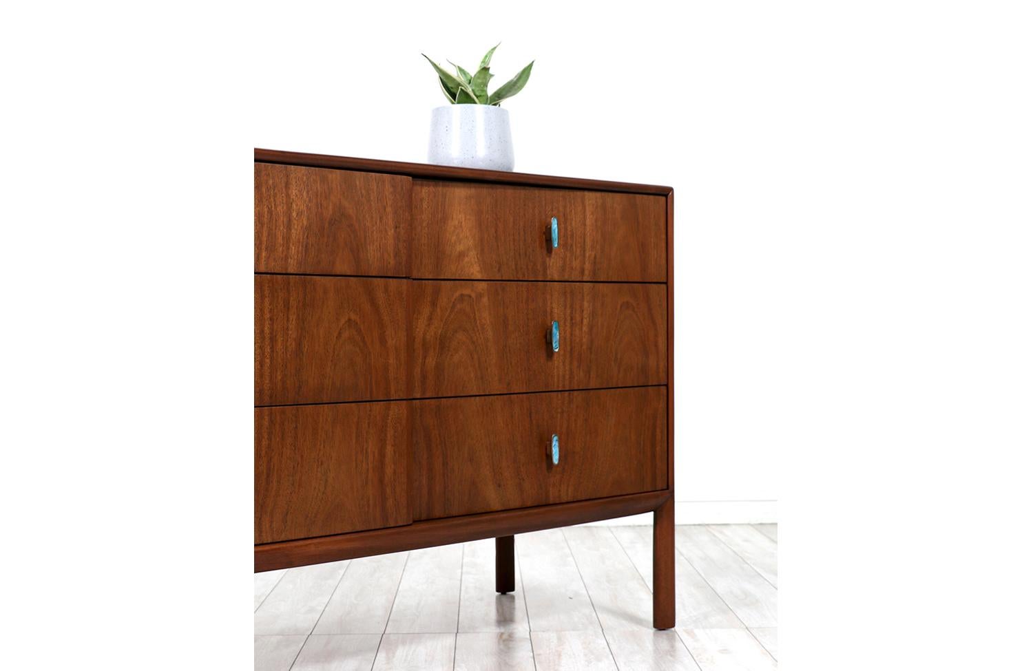 Mid-20th Century Mid-Century Modern Dresser with Turquoise Enameled Inlaid Pulls
