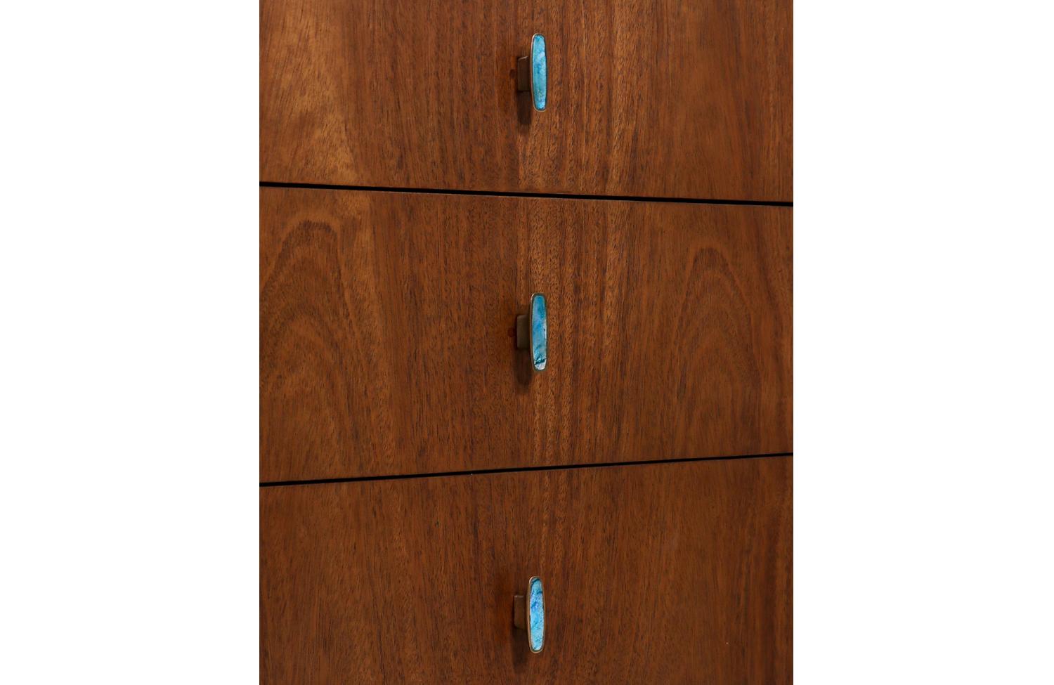 Walnut Mid-Century Modern Dresser with Turquoise Enameled Inlaid Pulls