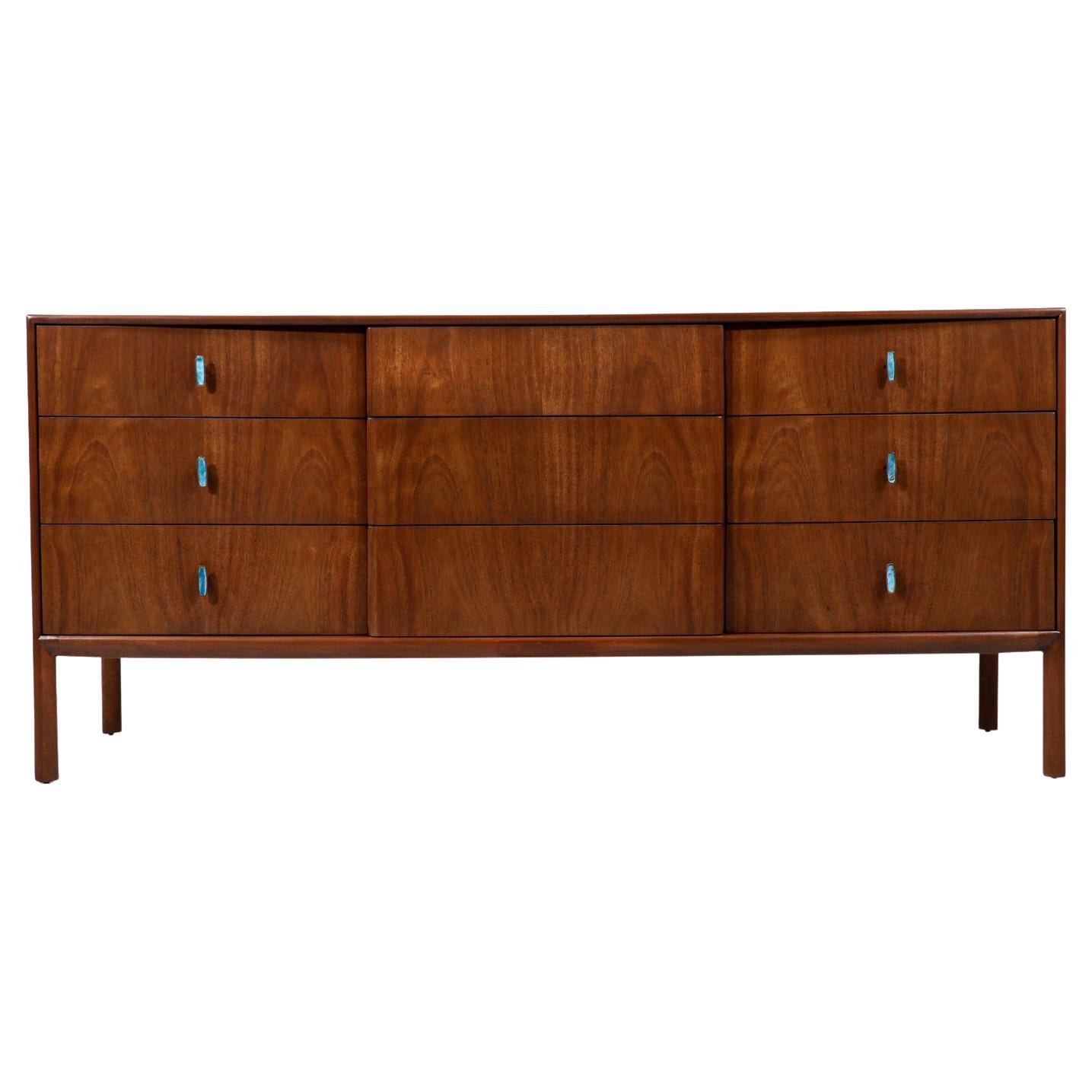 Mid-Century Modern Dresser with Turquoise Enameled Inlaid Pulls