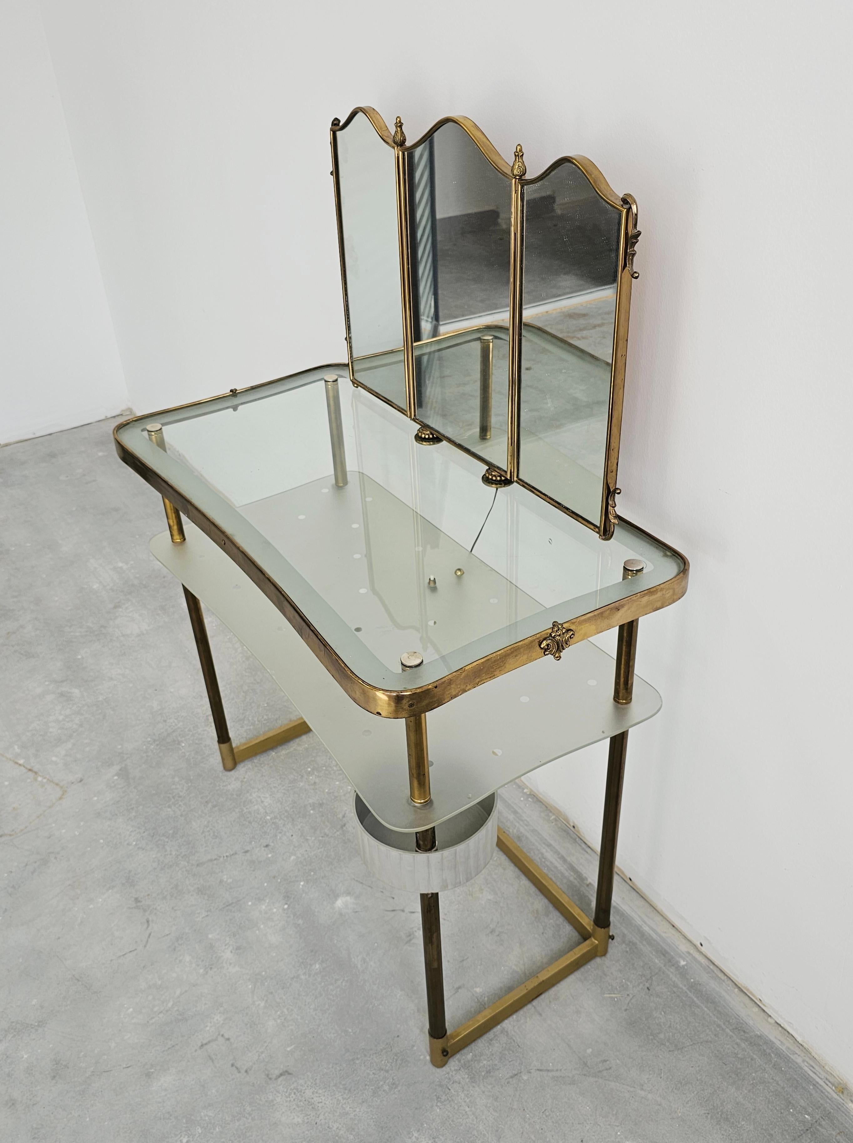 Bronze Mid Century Modern Dressing Table with Triptych Mirror by Luigi Brusotti For Sale