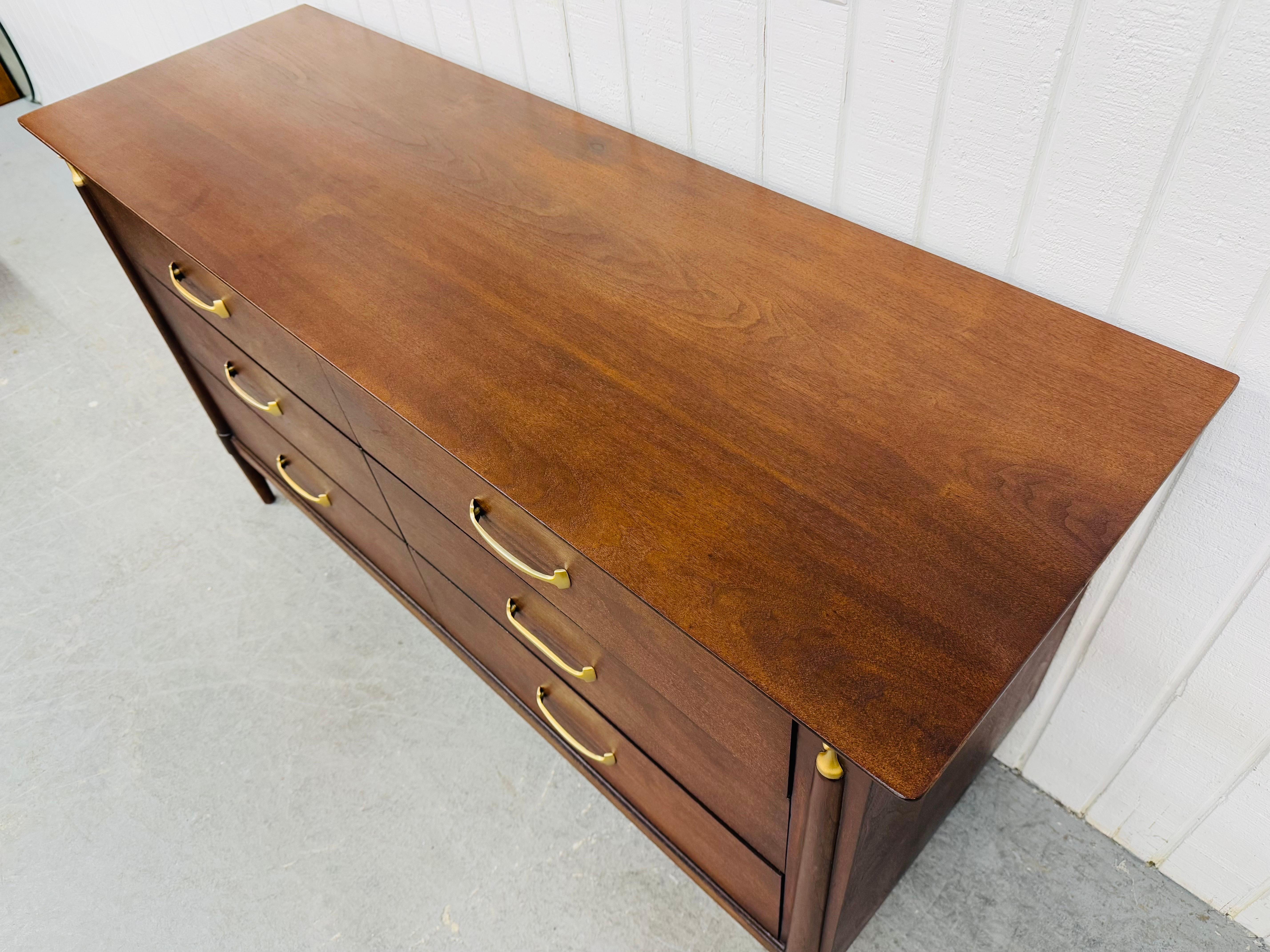 Brass Mid-Century Modern Drexel 6-Drawer Walnut Dresser