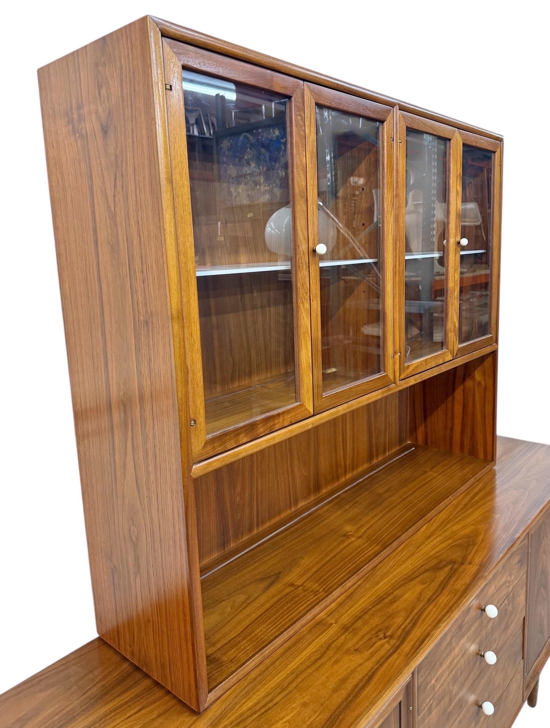 American Mid-Century Modern Drexel Declaration Walnut 2-Piece China Cabinet For Sale