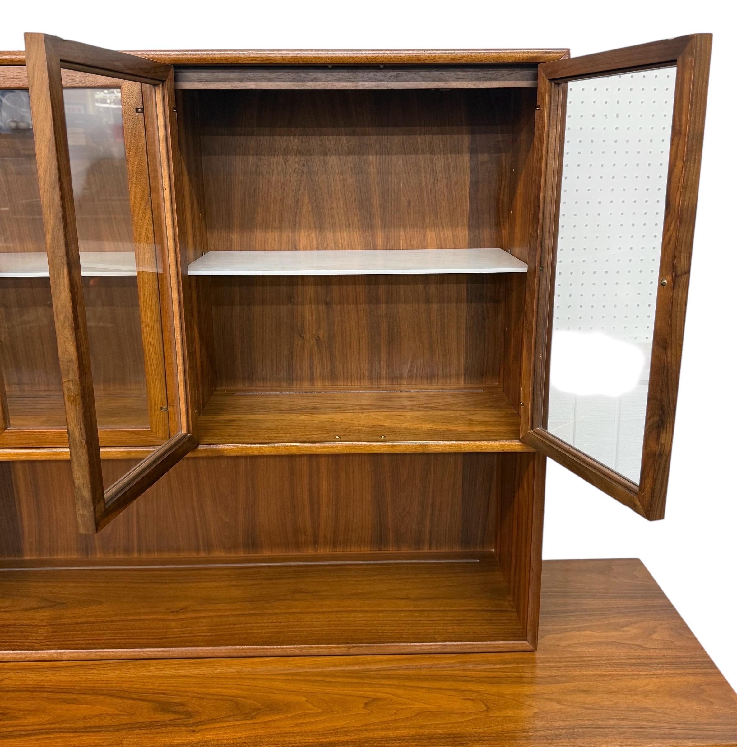 Milk Glass Mid-Century Modern Drexel Declaration Walnut 2-Piece China Cabinet For Sale