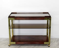 Mid-Century Modern Drexel Heritage Brass Wood Smoked Glass Two-Tier Bar Cart