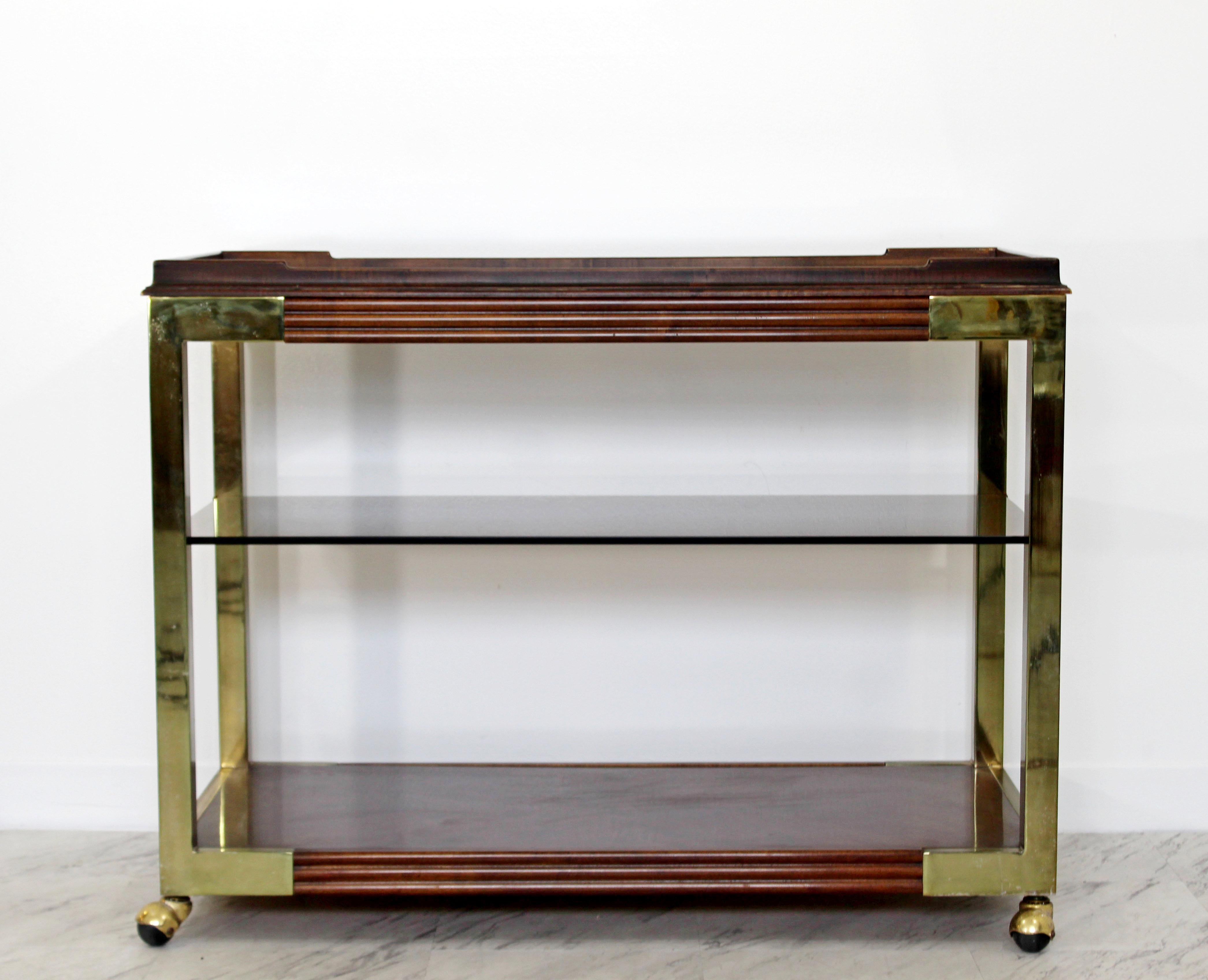 American Mid-Century Modern Drexel Heritage Brass Wood Smoked Glass Two-Tier Bar Cart