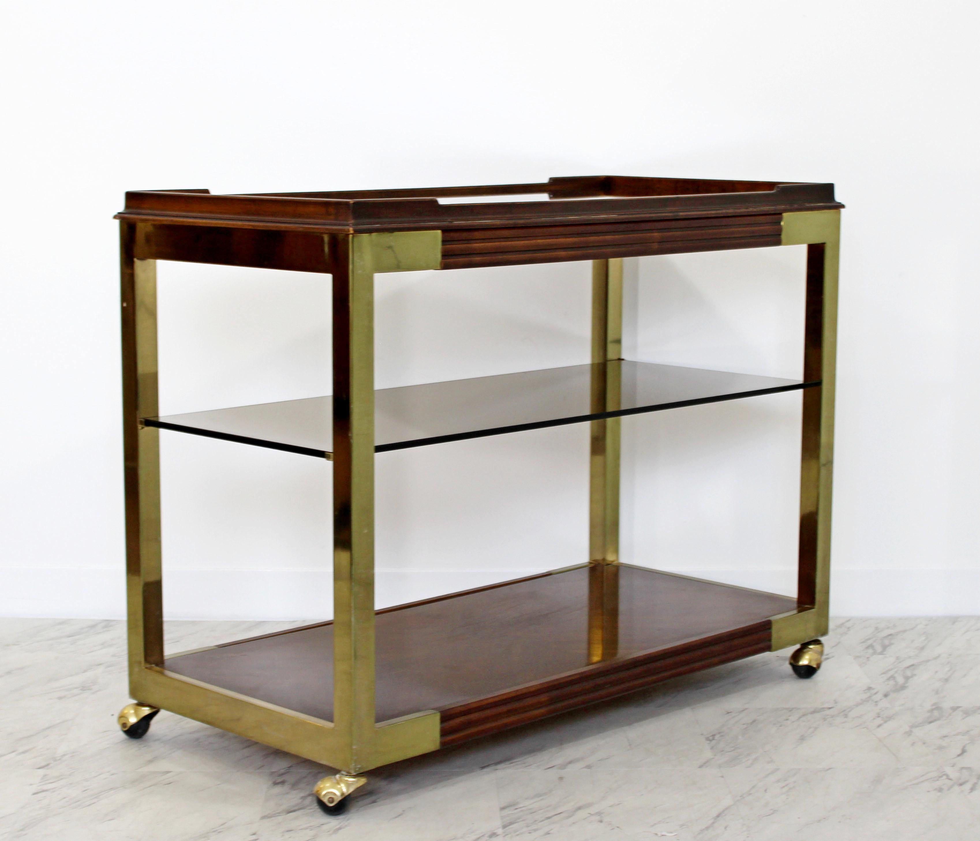 Mid-Century Modern Drexel Heritage Brass Wood Smoked Glass Two-Tier Bar Cart In Good Condition In Keego Harbor, MI