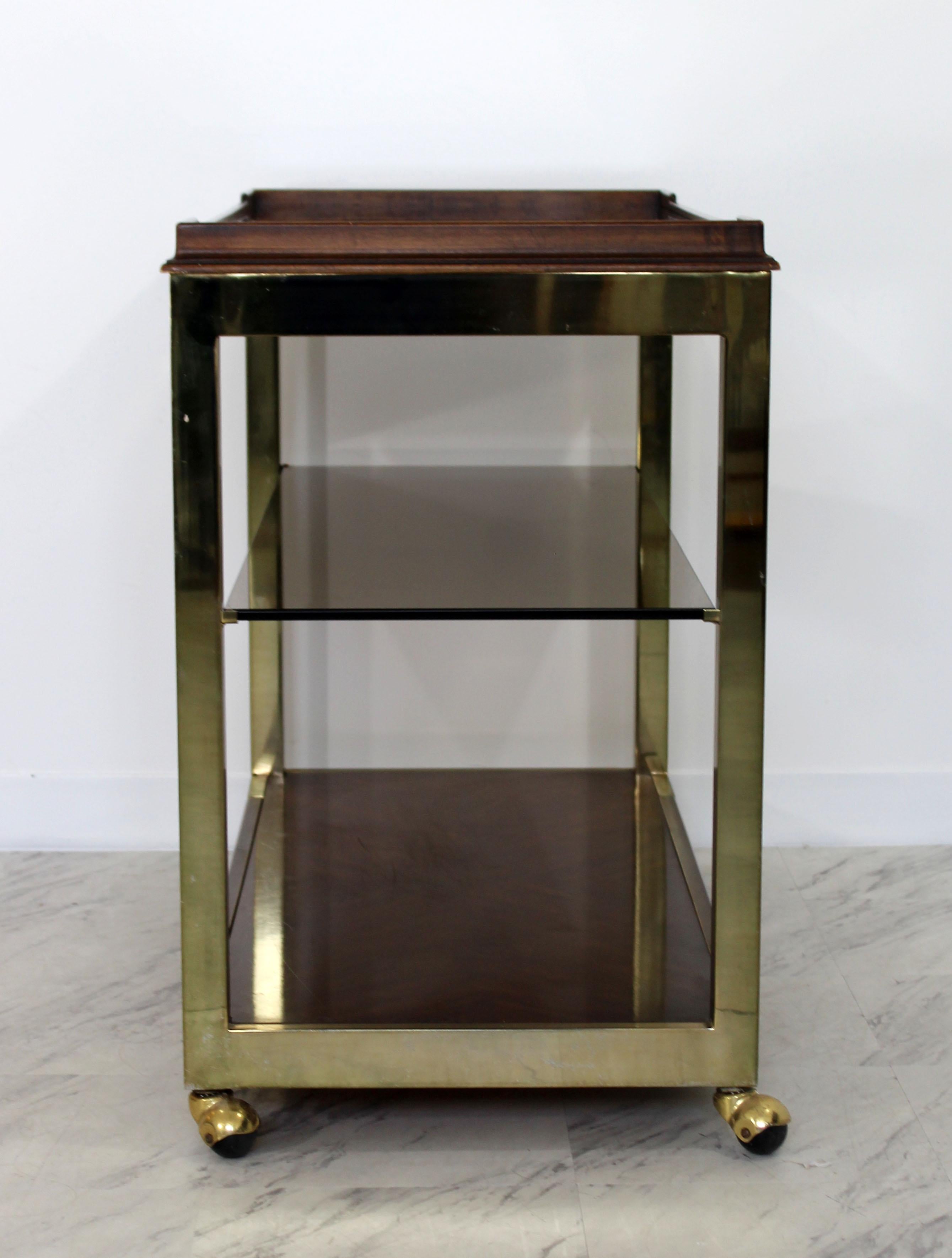 Mid-20th Century Mid-Century Modern Drexel Heritage Brass Wood Smoked Glass Two-Tier Bar Cart