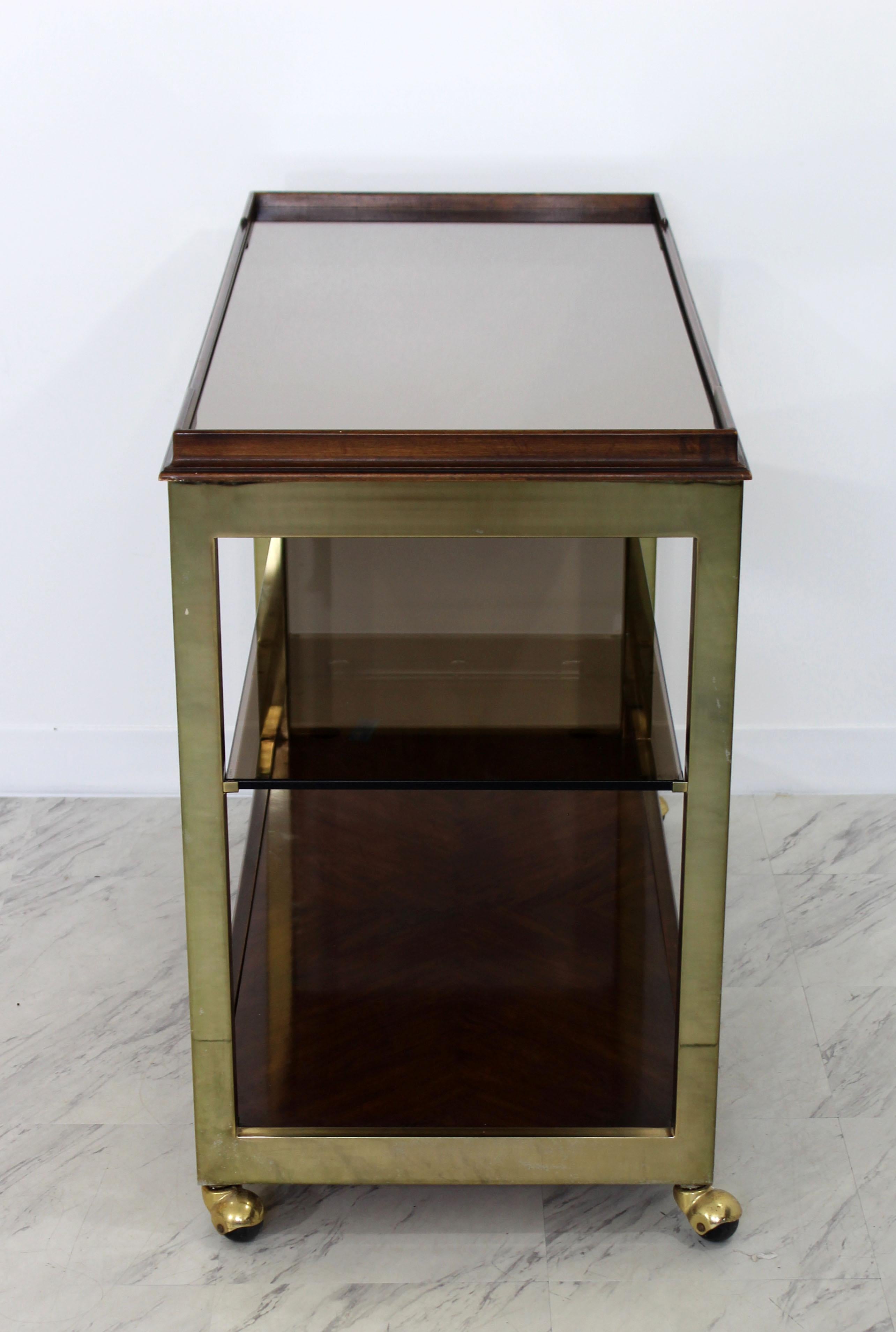 Mid-Century Modern Drexel Heritage Brass Wood Smoked Glass Two-Tier Bar Cart 1