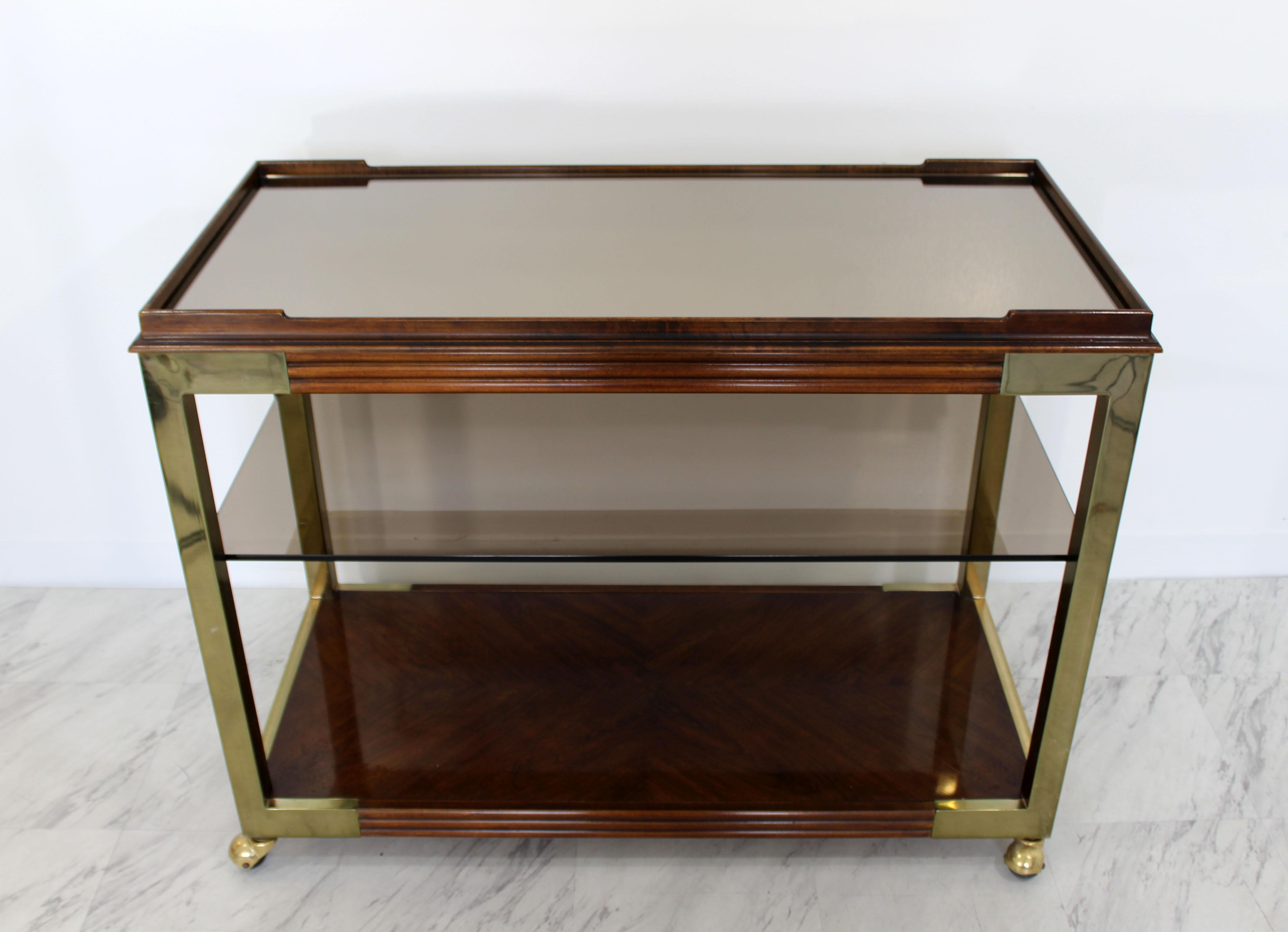 Mid-Century Modern Drexel Heritage Brass Wood Smoked Glass Two-Tier Bar Cart 3